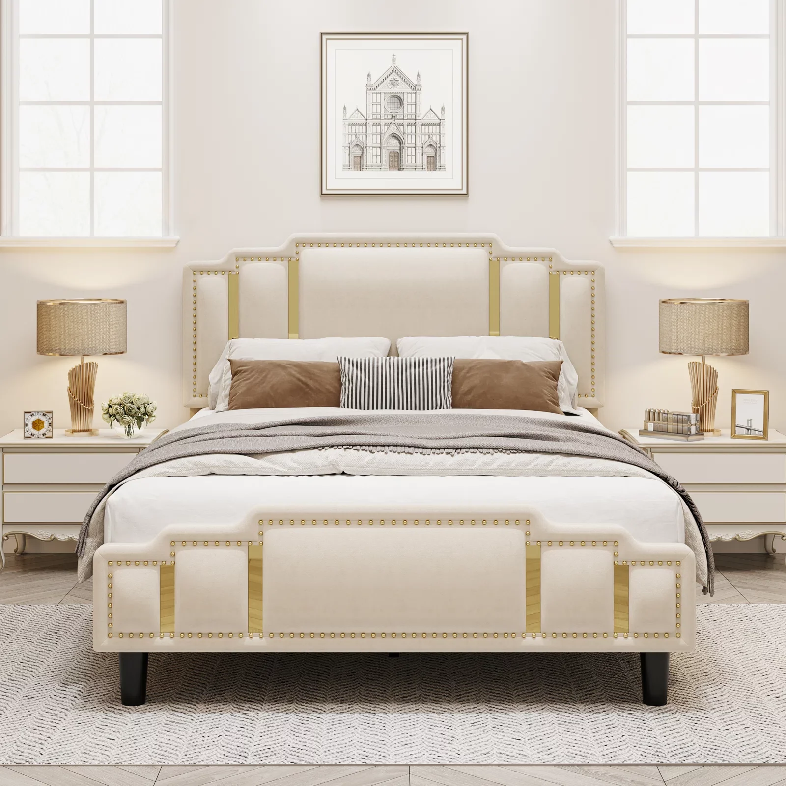 Homfa Full Bed Frame, Luxury Velvet Upholstered Headboard with Golden Iron Sheet & Rivets, Platform Bed with Adjustable Headboard, White