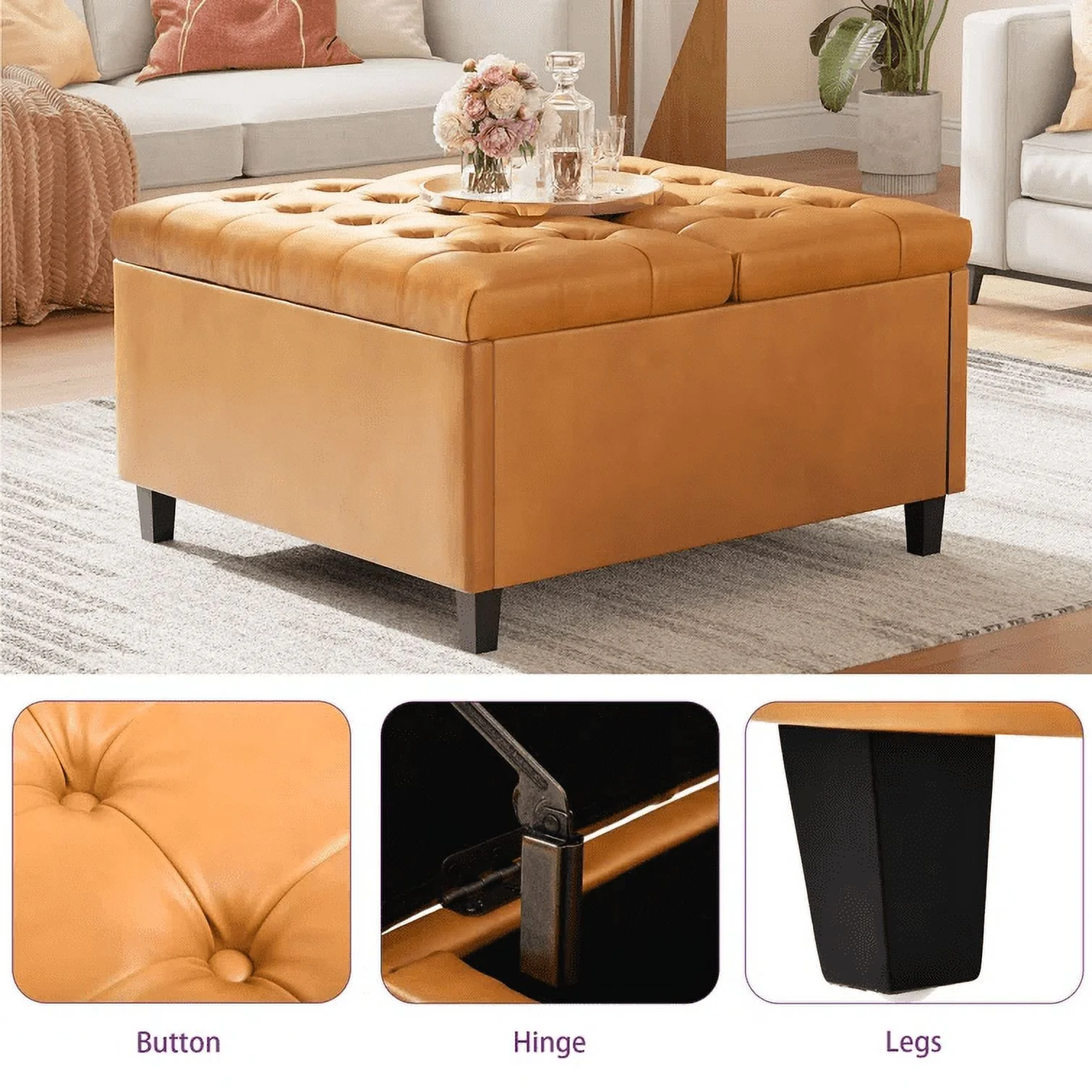 Dextrus 16.14''H Coffee Table Square Storage Ottoman, Brown Faux Leather