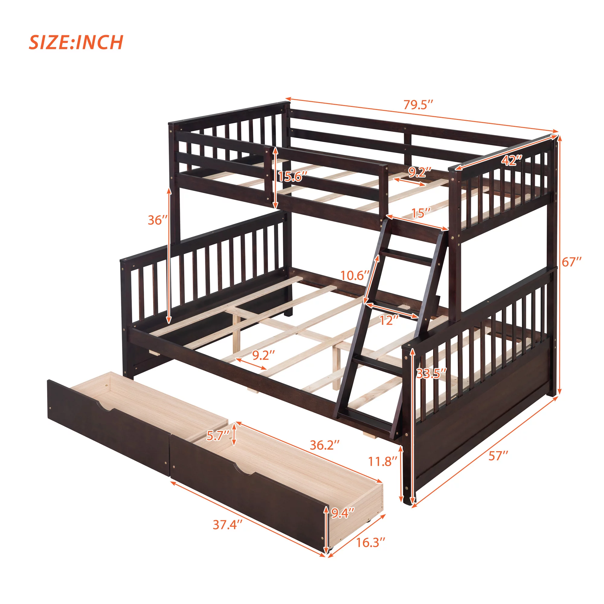 Twin Over Full Bunk Bed with Storage Drawer, Solid Wood Bunk Bed Frame with Ladders & Safety Guardrail, Bedroom Furniture for Kids, Teens, Adults, Espresso