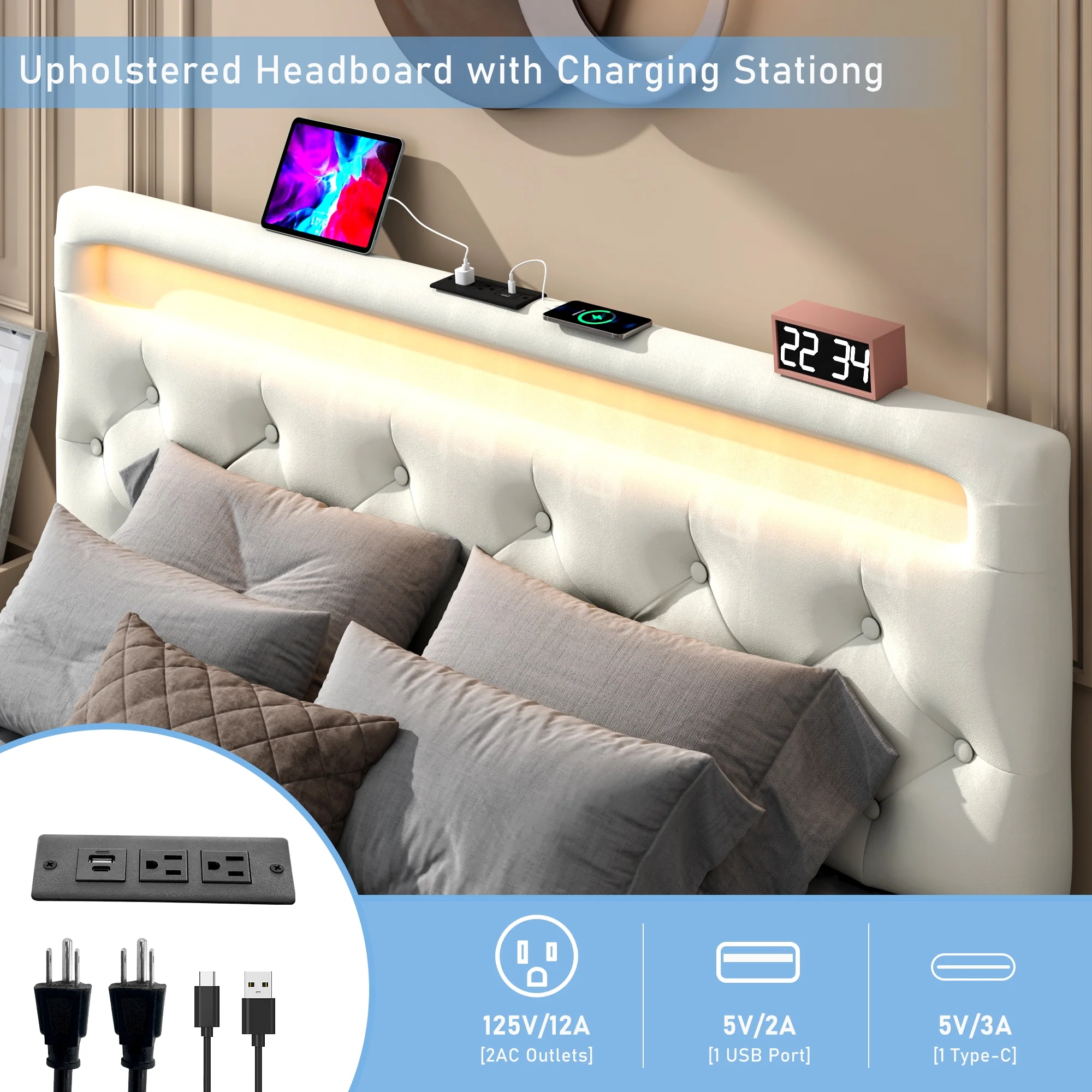 Queen Lift Up Storage Bed with LED Light & Power Station & Large Under Bed Storage, Velvet Upholstered Platform Bed Frame with Adjustable Headboard(Beige-Queen)