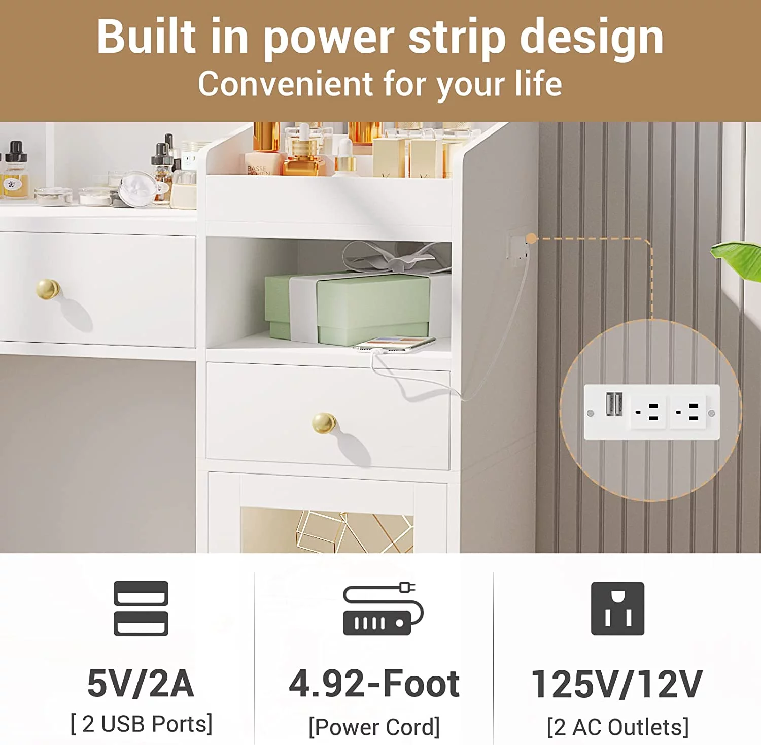 Makeup Vanity Desk with Lighted Mirror and Drawers, Vanity Desk Table Dressing Table with Charging Station & Lights for Bedroom,White