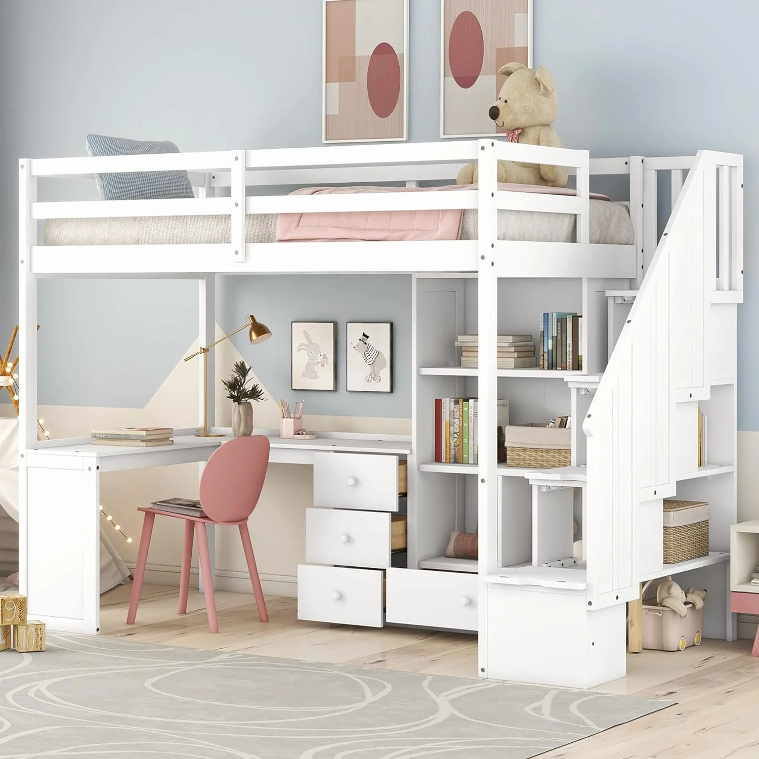 Size Loft Bed With Stairs Ad L-Shaped Desk, Wood Loft Bed With Storage Drawers Ad Cabiet, Loft Bed With Guardrails For Kids Girls Boys, White