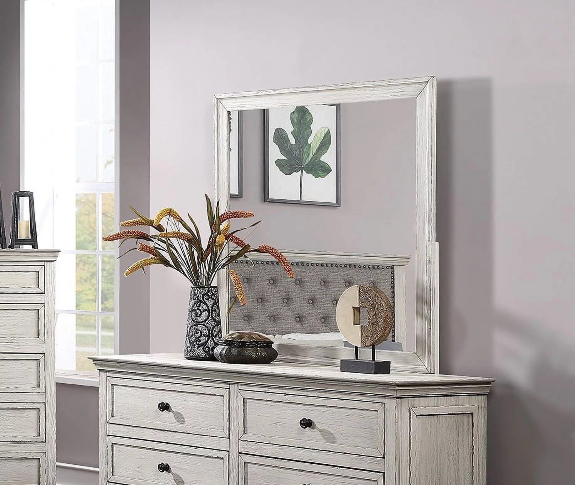 Transitional Bedroom White Finish 5pc Bedroom Set Eastern King Size Bed Dresser Mirror 2x Nightstands Furniture