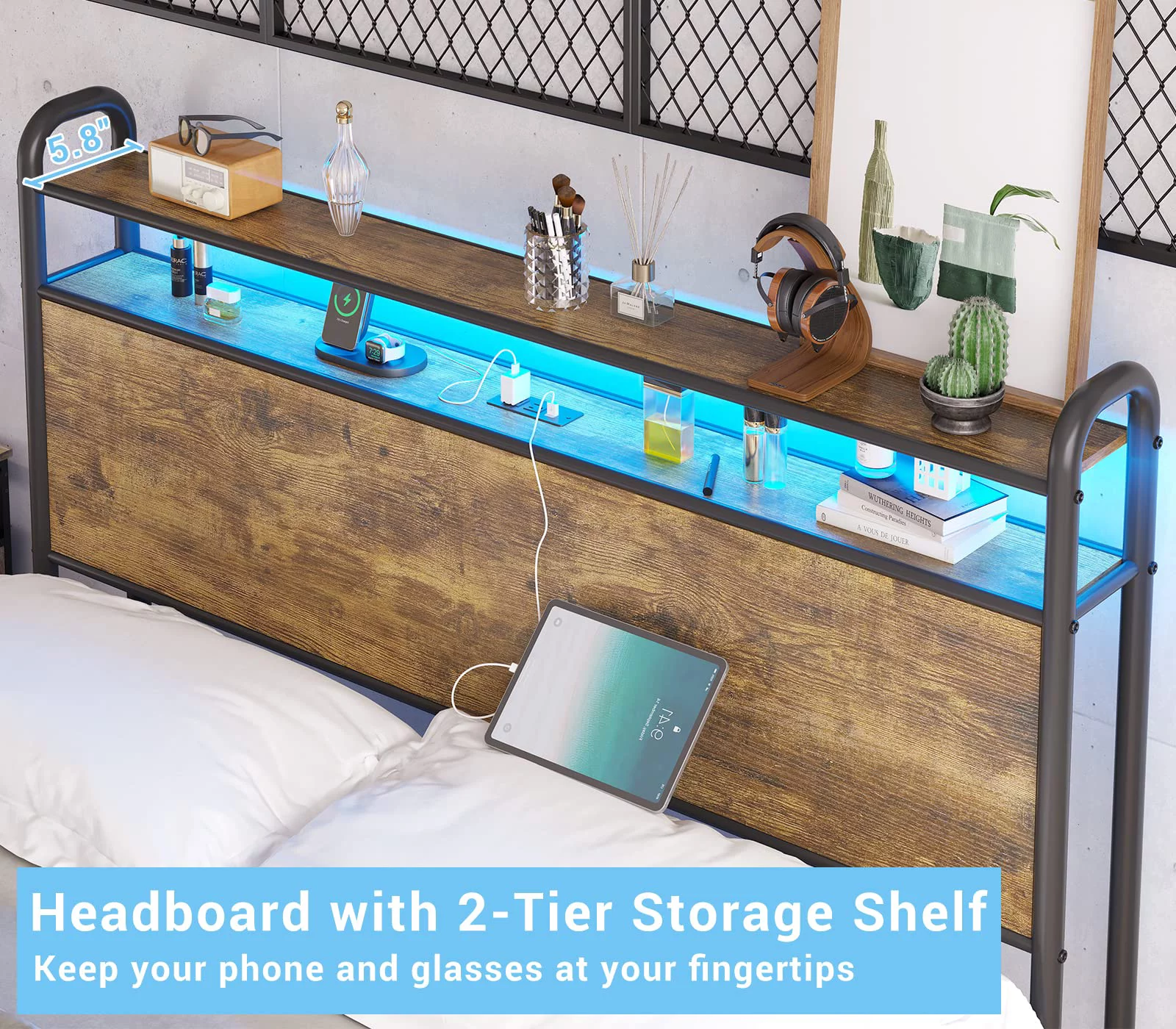 LED Metal Bed Frame with USB Ports & Outlets & LED Headboard, King Platform Bed Frame with 2-Tier Storage Headboard, No Box Spring Needed, Rustic Brown