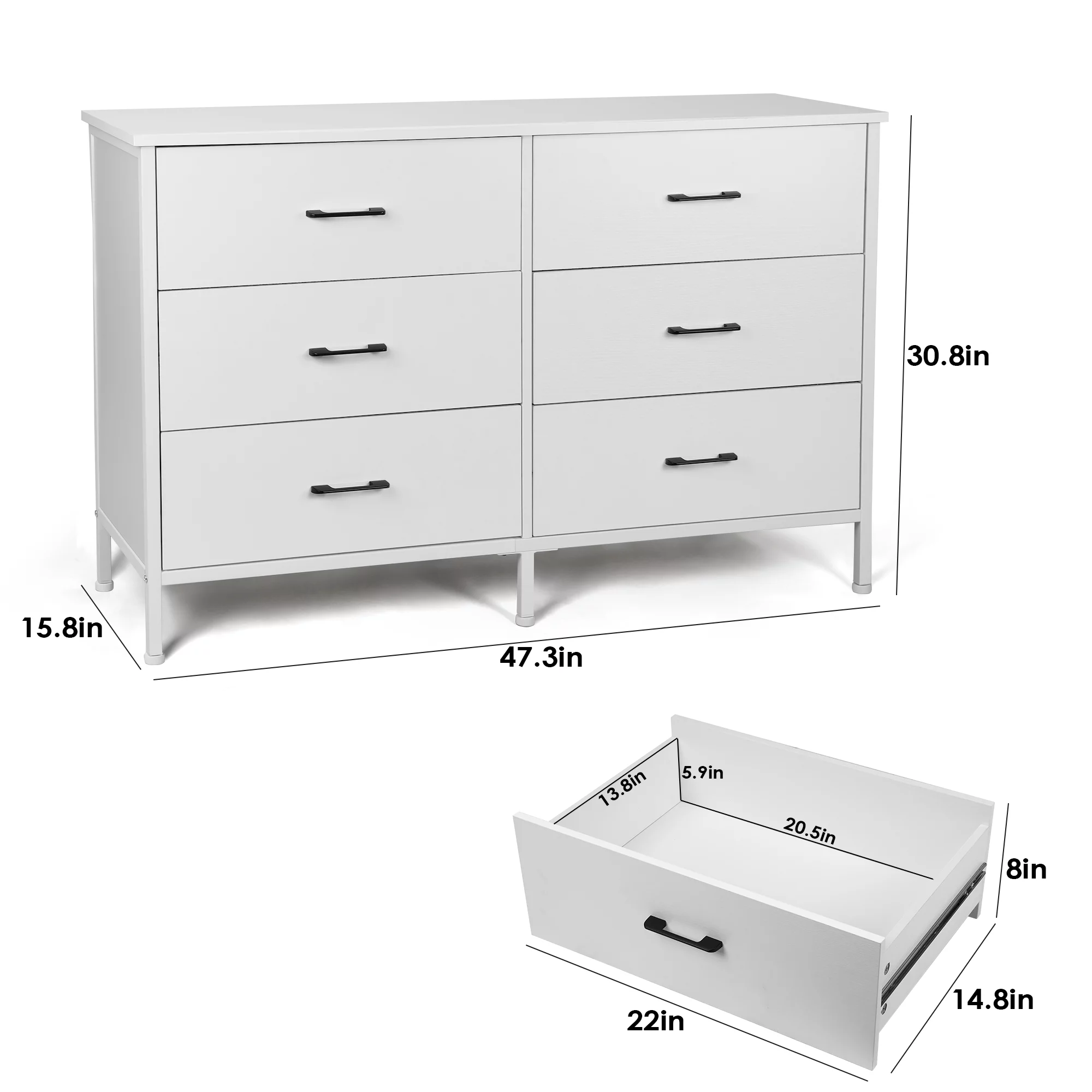47.3'' Drawer Dresser Chest of 6 Drawers, Storage Dresser Tower for Bedroom, Living Room, Hallway, Nursery, White Storage Cabinet Wooden Dresser with Steel Frame, White