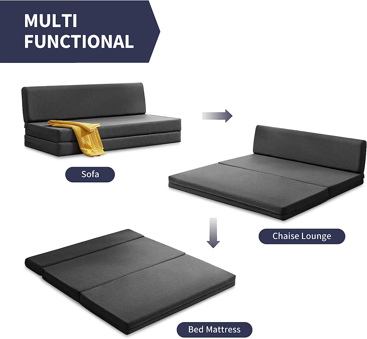 ZAFLY Twin Size Folding Sofa Bed, Futon Couch Bed Foldable, Sleeper Sofa Chair Guest Bed, Folding Foam Mattress, Upholstered Convertible Floor Mattress for Living Room/Apartment(Twin Size, Dark Grey)