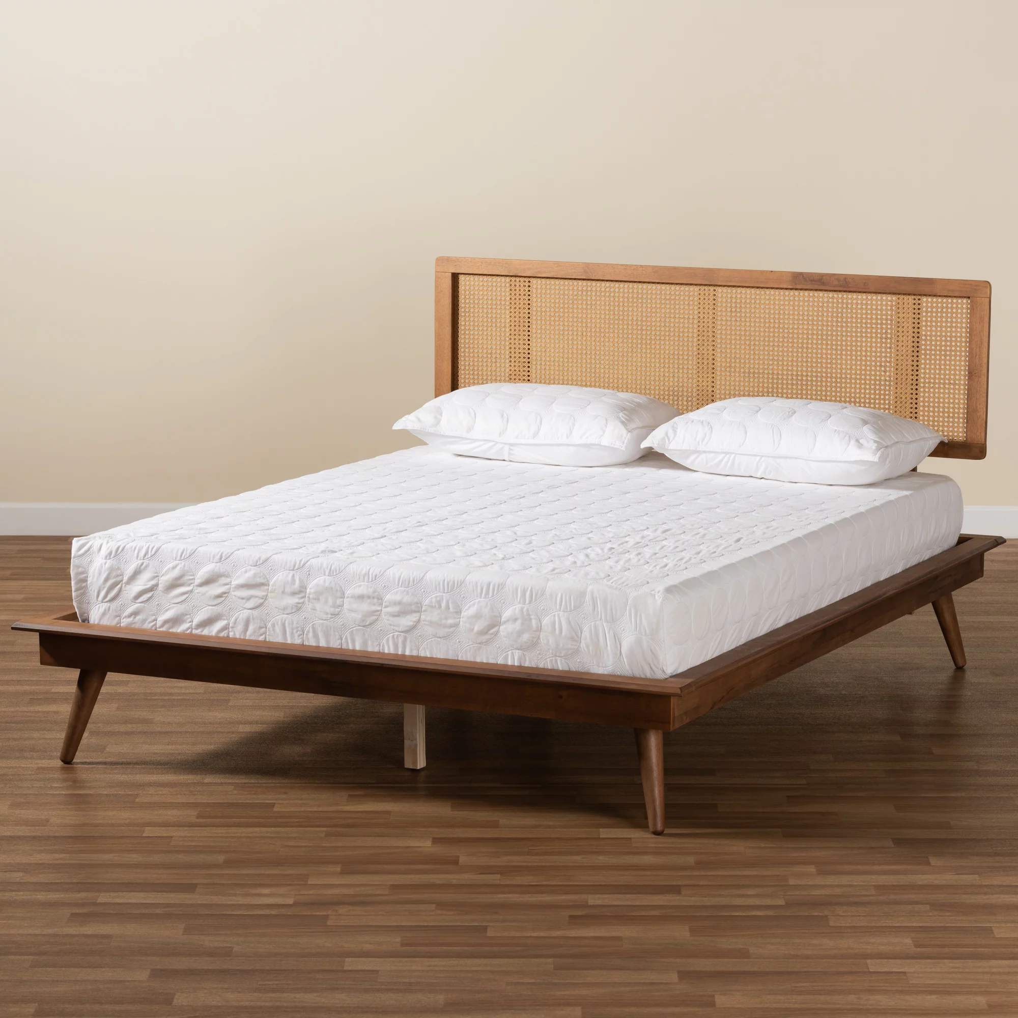 Baxton Studio Nura Mid-Century Modern Walnut Brown Finished Wood and Synthetic Rattan Full Size Platform Bed