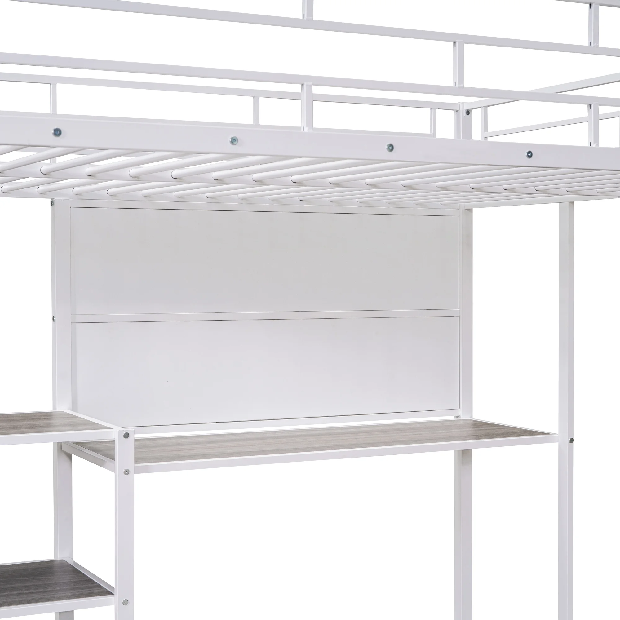Sesslife Loft Bed for Kids, Full Size Loft Bed Frame with Desk and Whiteboard, Modern Metal Loft Bed with 3 Shelves and Ladder, White