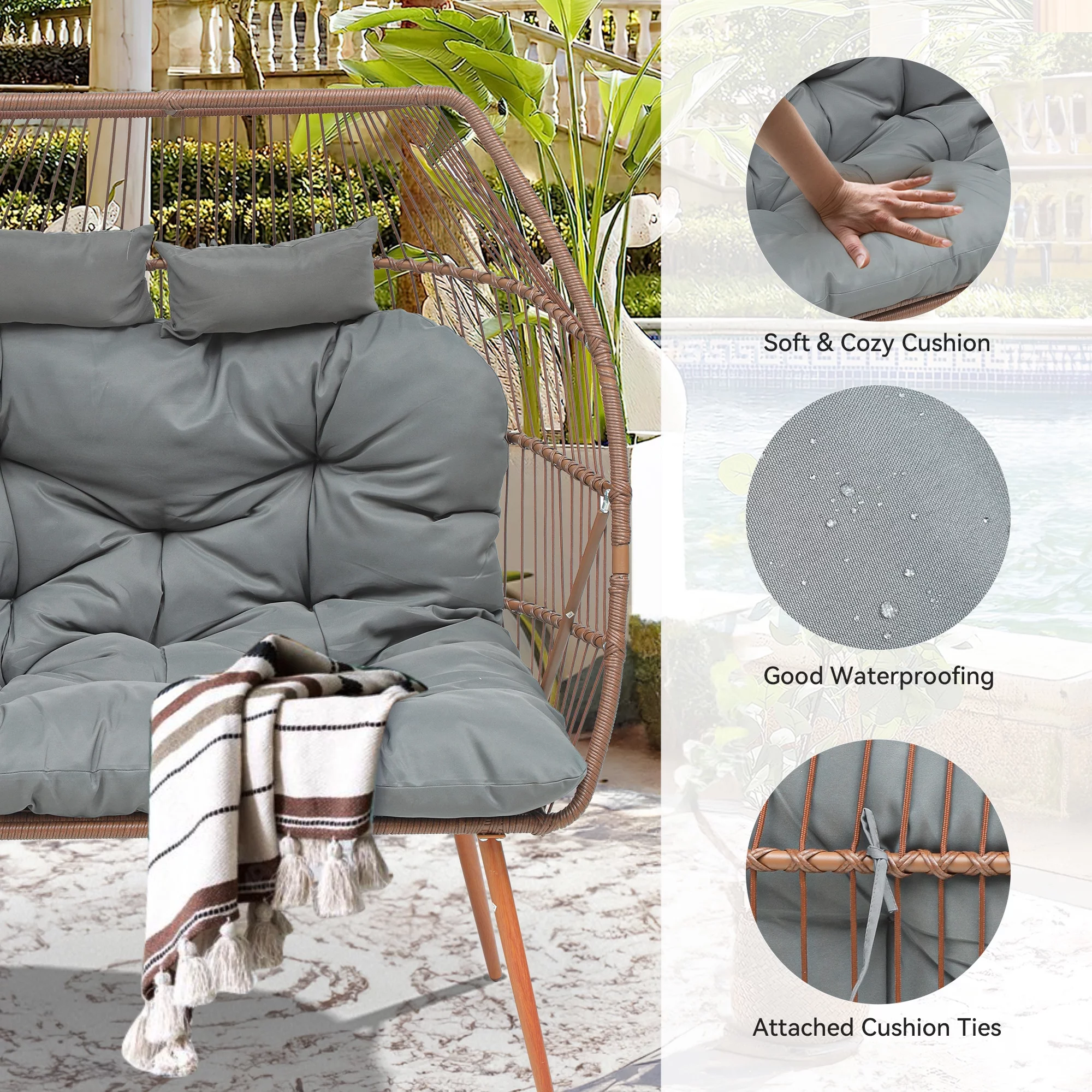 Dextrus Double Egg Chair with Legs 2 Person Wicker Egg Chair Indoor Outdoor Patio Egg Chair with Cushions 510lbs for Patio, Bedroom, Garden and Balcony, Gray