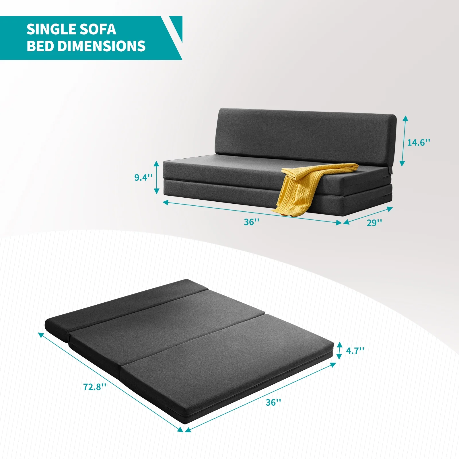 BALUS Convertible Sofa Bed, Living Room Couch Futon Chair, Adjustable Backrest Foldable Floor Sleeper for Small Room, Apartment, Guest Room, Gray