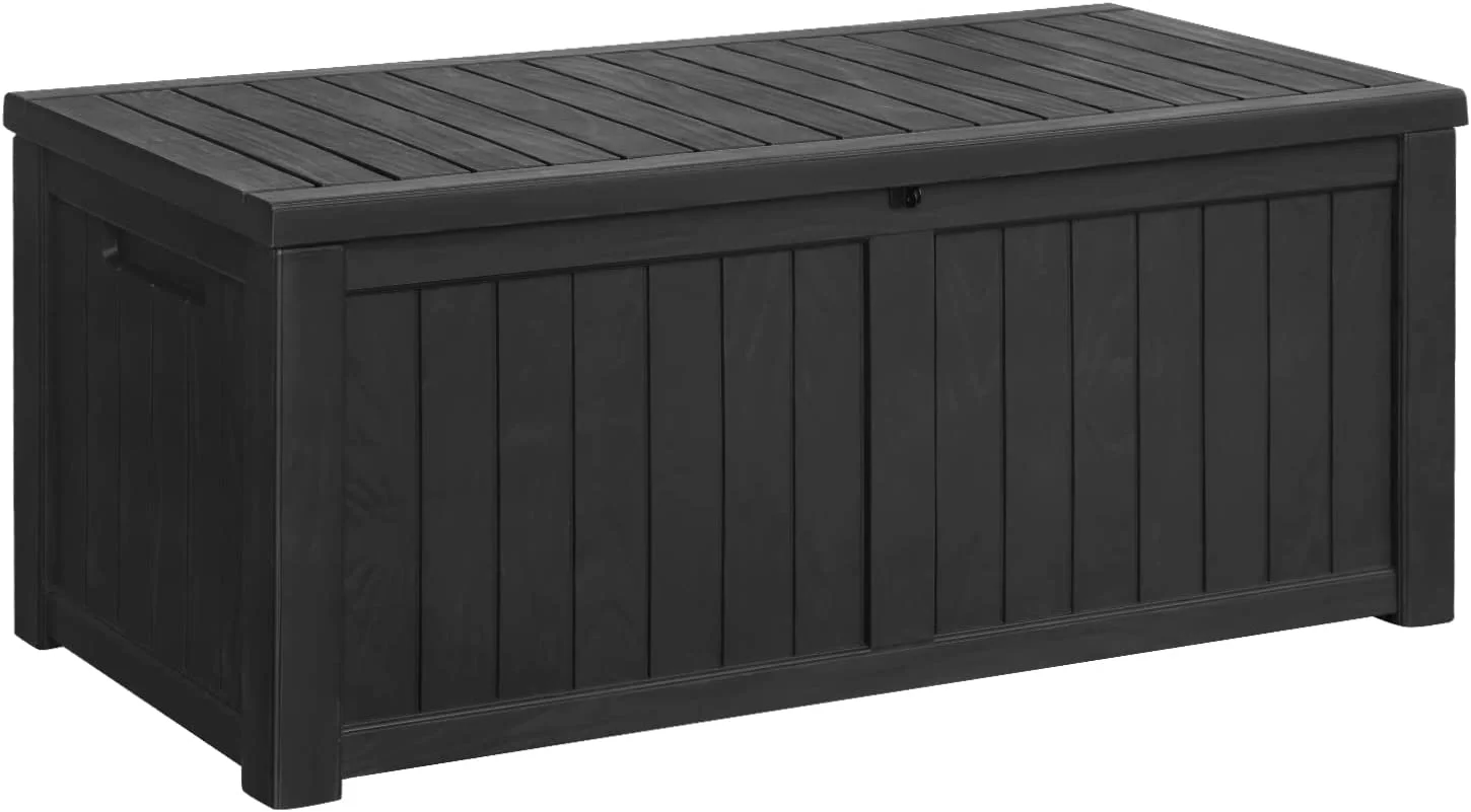 Resin Deck Box 120 Gallon Waterproof Large Deck Boxes Plus Outdoor Indoor Storage Box Imitation Wood Resin for Patio Furniture Garden Tools and Pool,Dark Black