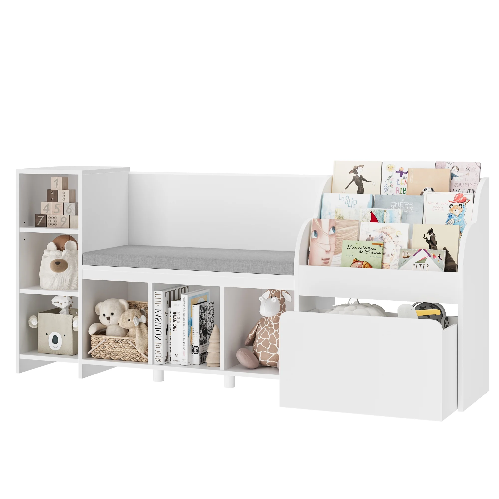 Homfa Kids Bookshelf with Reading Nook, 6 Shelf Bookcase with 1 Wood Toy Bin with 3 Tier Book Rack for Children Kidsroom