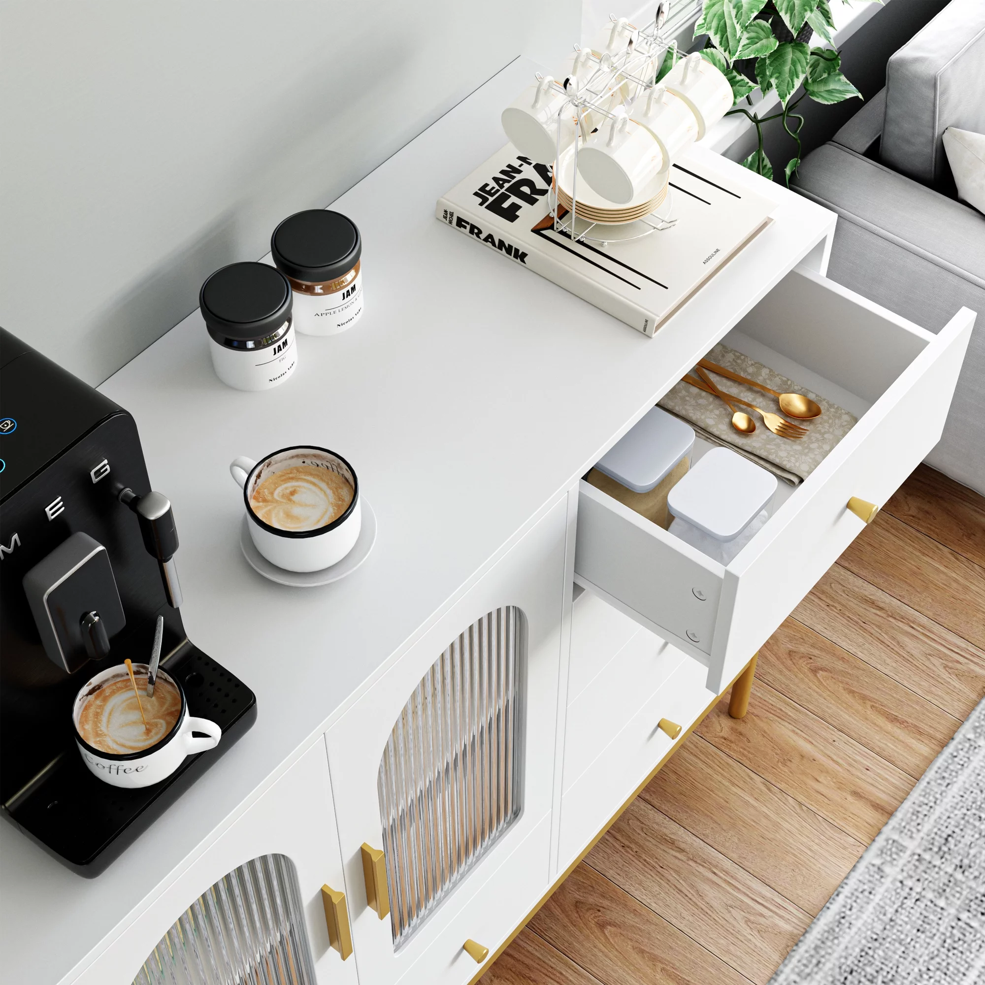 Homfa 5 Drawer Dresser for Bedroom, Modern Accent Storage Cabinet with Glass Door and Metal Base for Adult, White