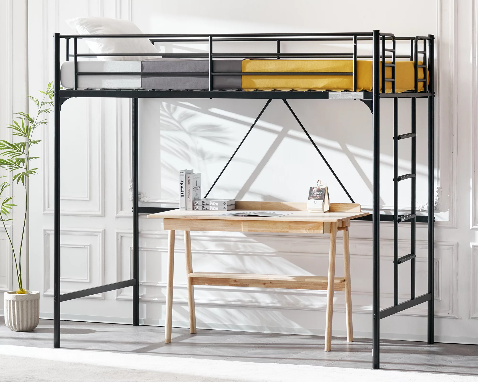 VINGLI Metal Loft Bed with Stairs and Flat Rung, Junior Loft Bed Twin Size High Loft Bed for Kids/Teens/Adults, No Box Spring Required, Black