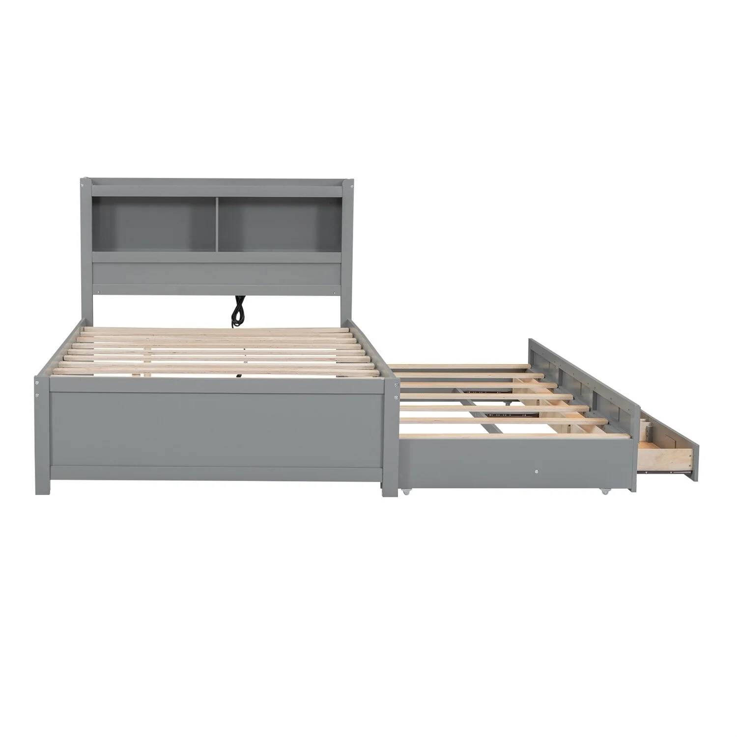 MERAX  Full Size platform bed with trundle, drawers and USB plugs Grey