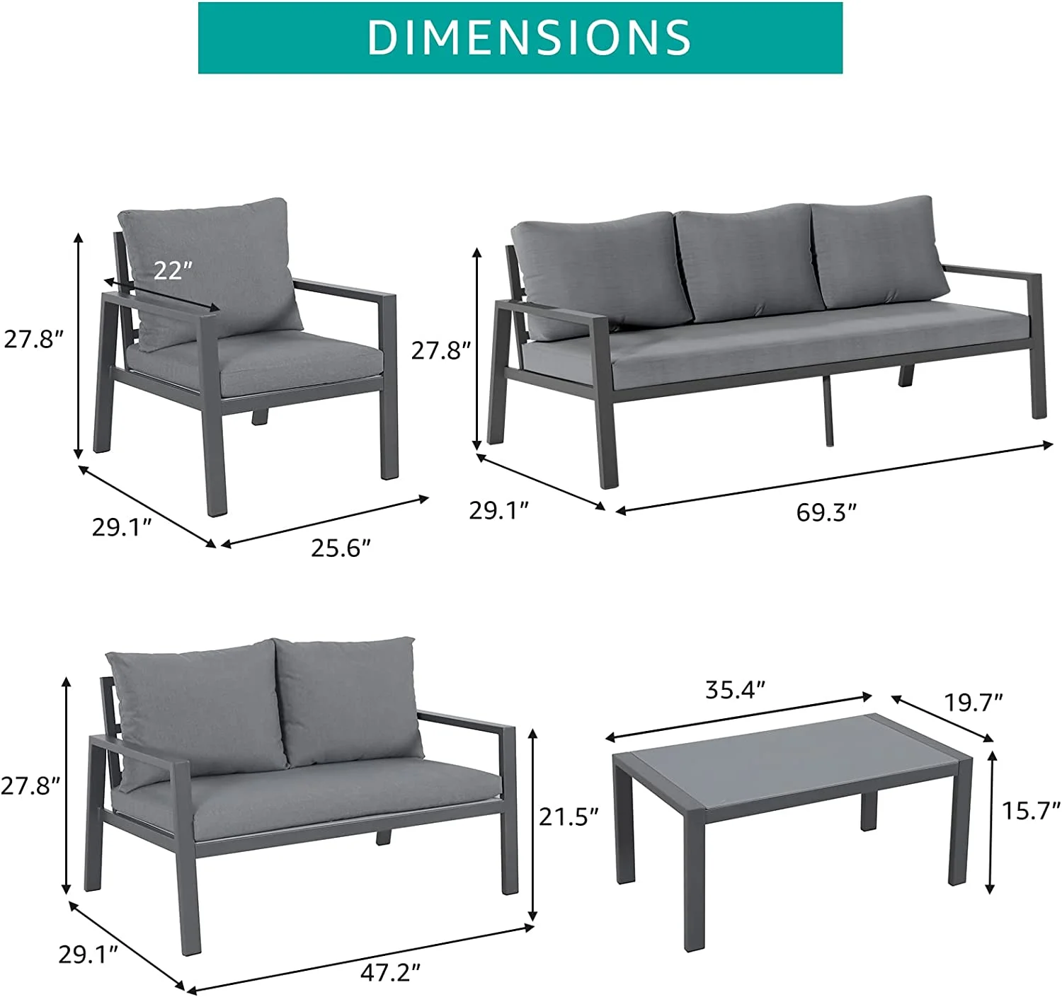 Jardin Outdoor Aluminum Patio Furniture Set  5 Piece Patio Conversation Set with Removable Cushions  Modern Outdoor Sectional Sofa with Glass Coffee Table  Dark Grey Finish & Grey Cus