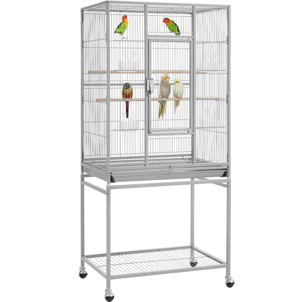 Topeakmart 54''H Large Rolling Metal Parrot Cage Bird Cage with Detachable Stand for Conures Parakeets Cockatiels, Light Gray