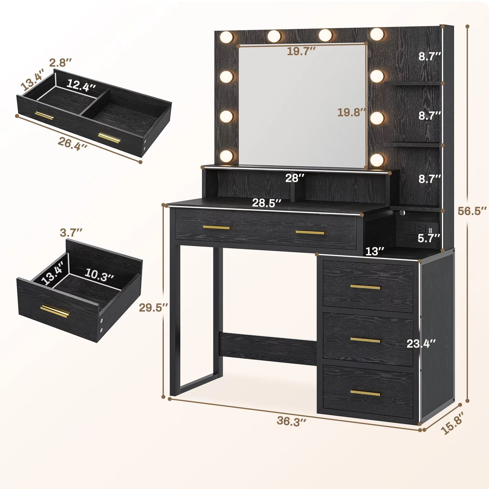 Makeup Vanity with 10 Light Bulbs, Modern Vanity Desk with Mirror and 3 Lighting Modes, Vanity Table with 2 USB Ports and Outlets, Black