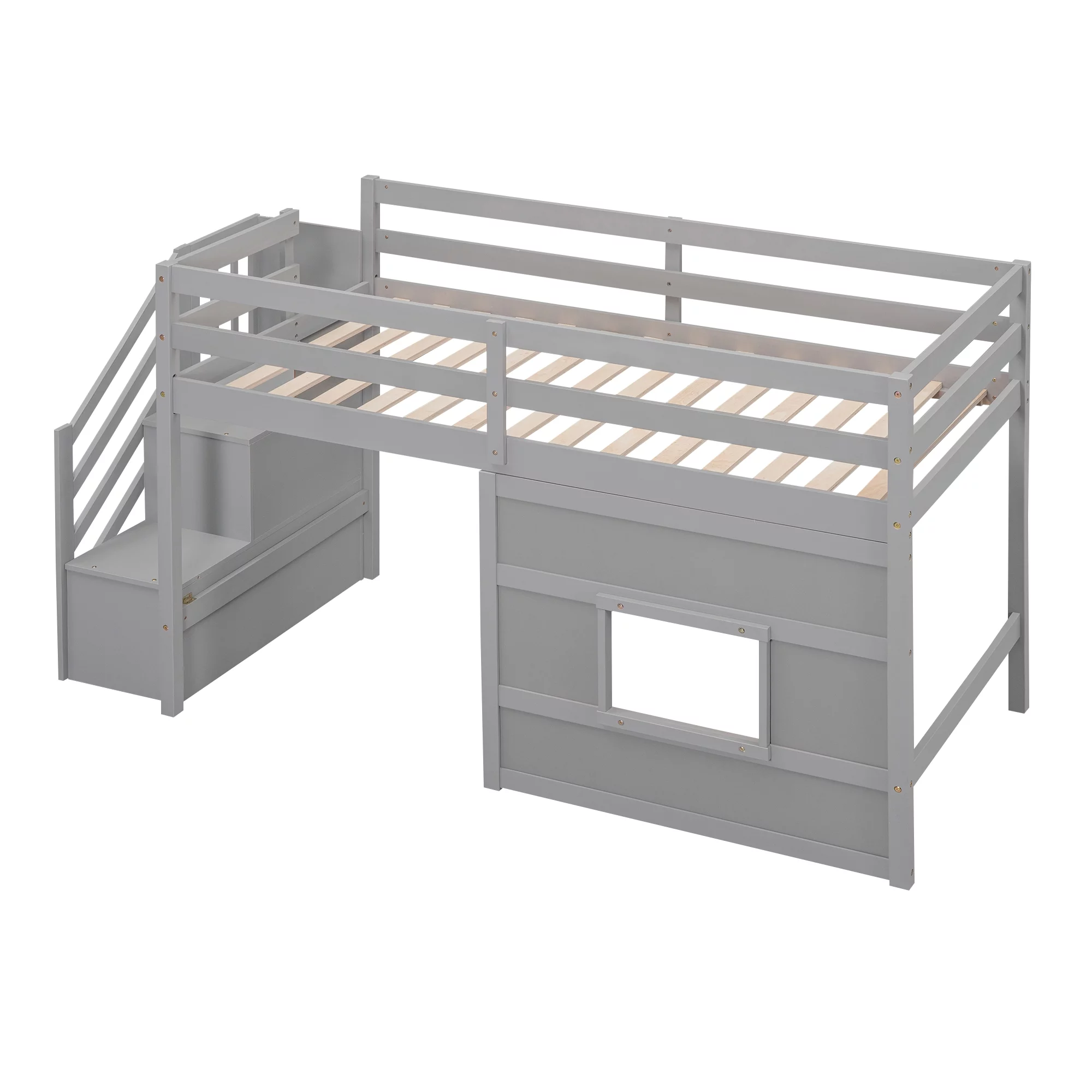 Bellemave Twin over Twin Size Loft bed with Underneath House & Strong Storage Staircases ,Solid Wood Twin Loft Bed with Full-Lengths Guardrails for Kids,Gray