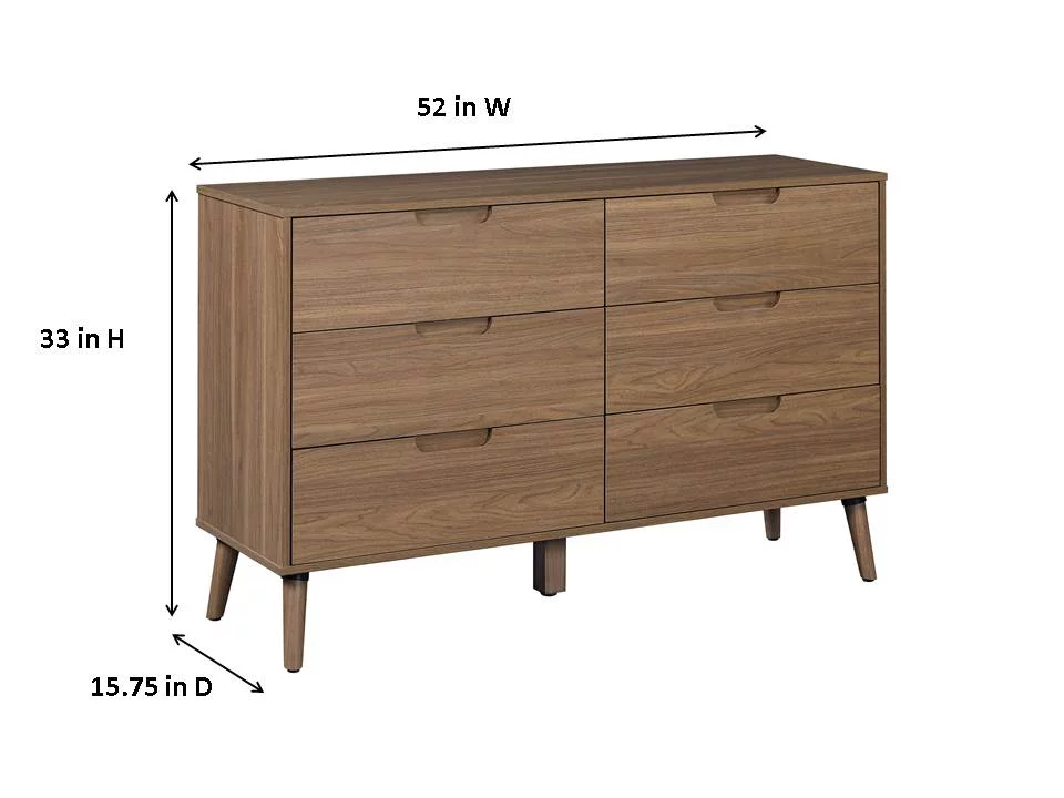 Mainstays Modern 6 Drawer Wood Dresser, Bedroom, For all ages, Brown Walnut