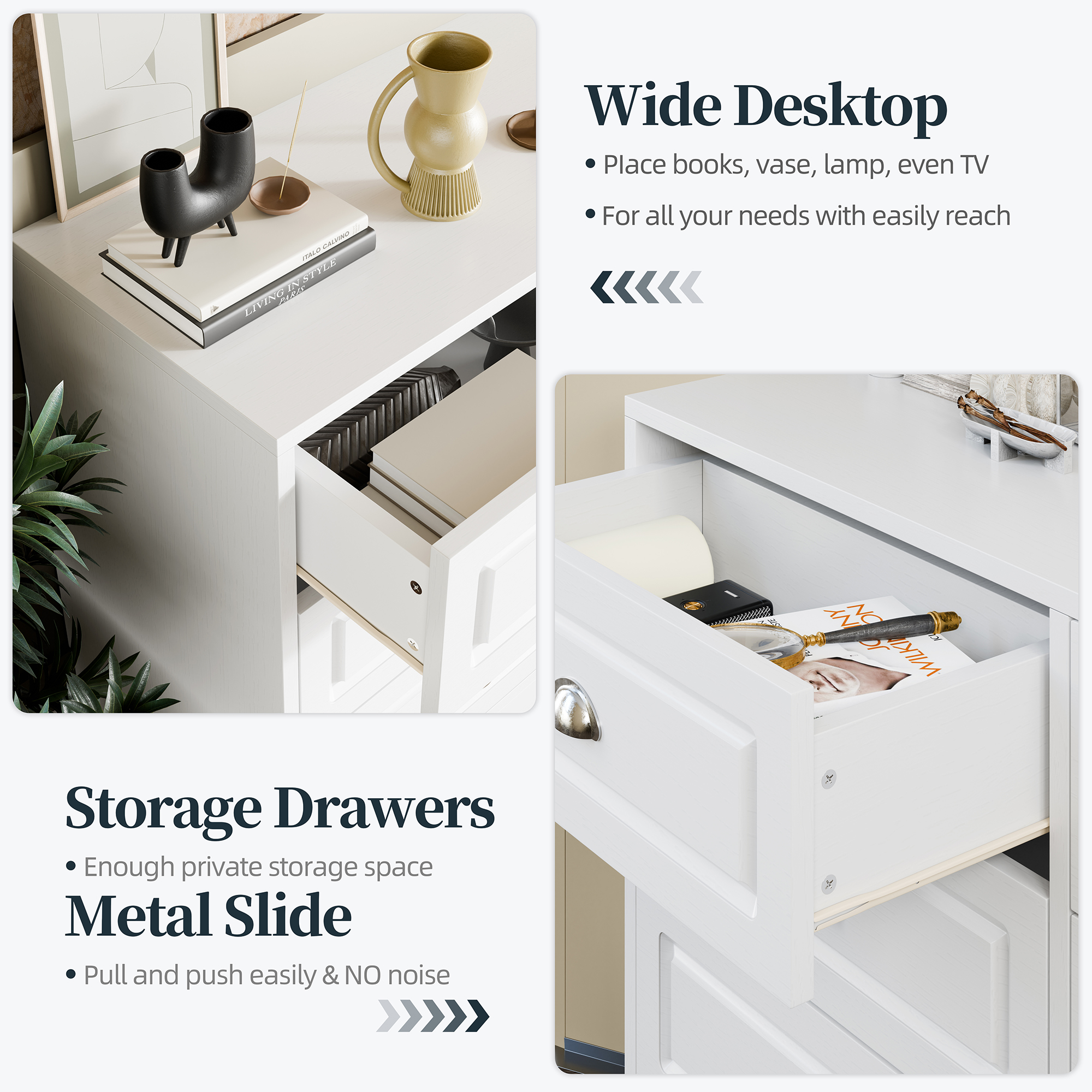 Walsunny 6 Drawer Double Dresser White Wooden Wide Chest of Drawers with Metal Handles Storage Organizer Dresser Nursery Dresser for Living Room Hallway