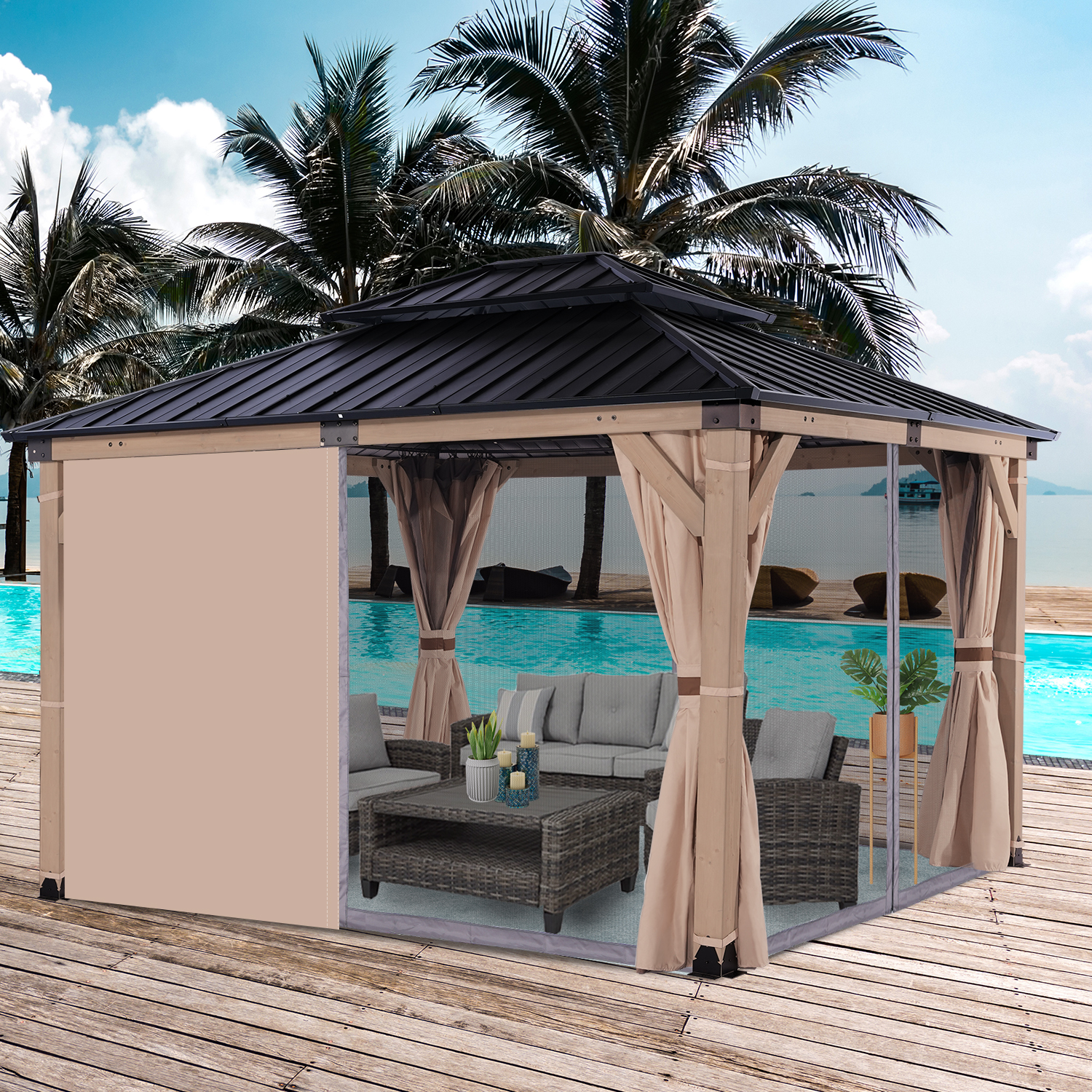HEAVDUTY Hardtop Wood Gazebo 10x12 ft – Cedar Wood Frame Gazebo with Double Metal Roof – Patio Gazebo Kits with Mosquito Netting & Curtains – Outdoor Wooden Gazebos Pavilion for Backyard and Deck