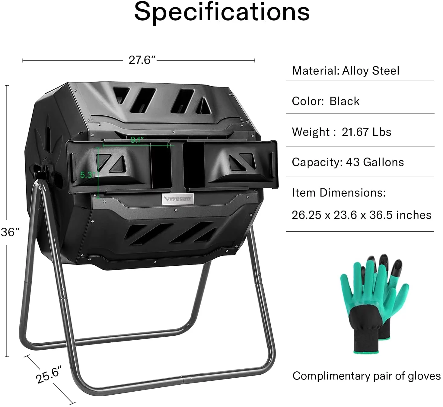 VIVOSUN Tumbling Composter Dual Rotating Batch Compost Bin 43 Gallon Black