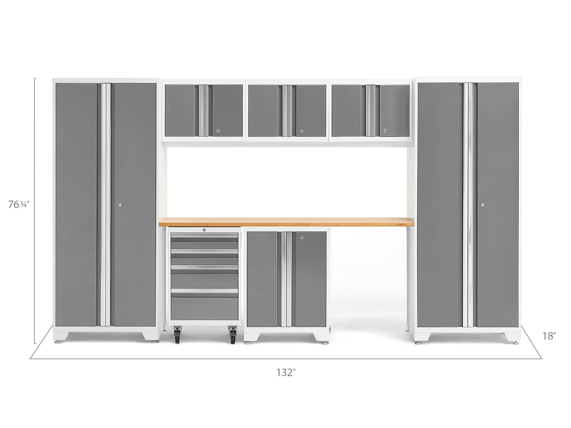 NewAge Products Bold Series Platinum 8 Piece Cabinet Set, Heavy Duty 24-Gauge Steel Garage Storage System, LED Lights Included