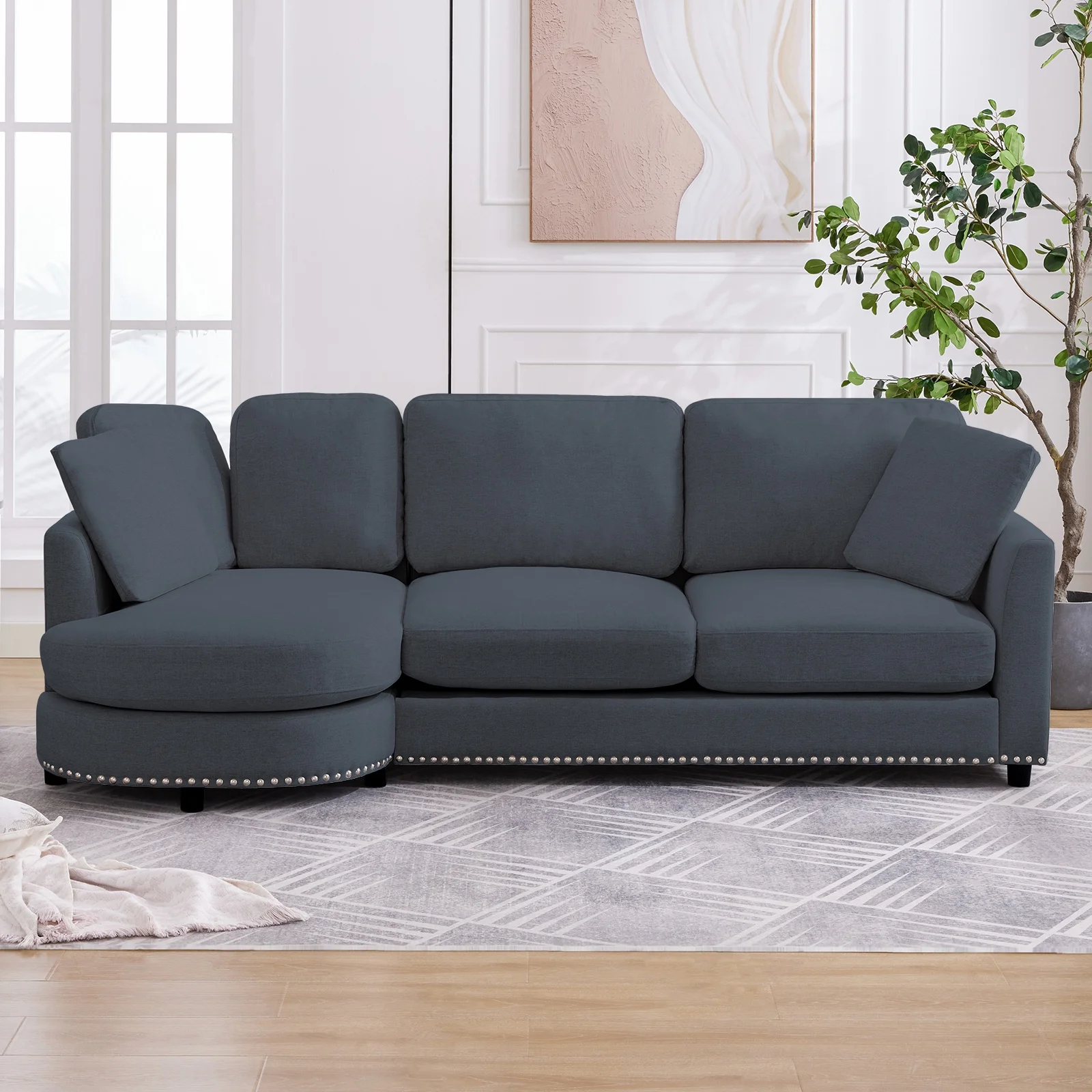 ZAFLY 3 Seater Sofa Couch, L Shaped Couch with Chaise, Curved Couches for Living Room - Dark Grey