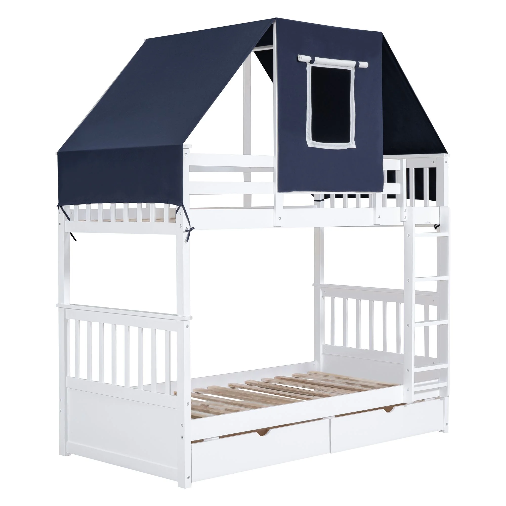 Twin Over Twin Bunk Bed with Tent and Drawers for Boys/Girls/Teens Bedroom, Wood Bed Frame with Safety Guardrail, No Box Spring Needed with Roof, Window