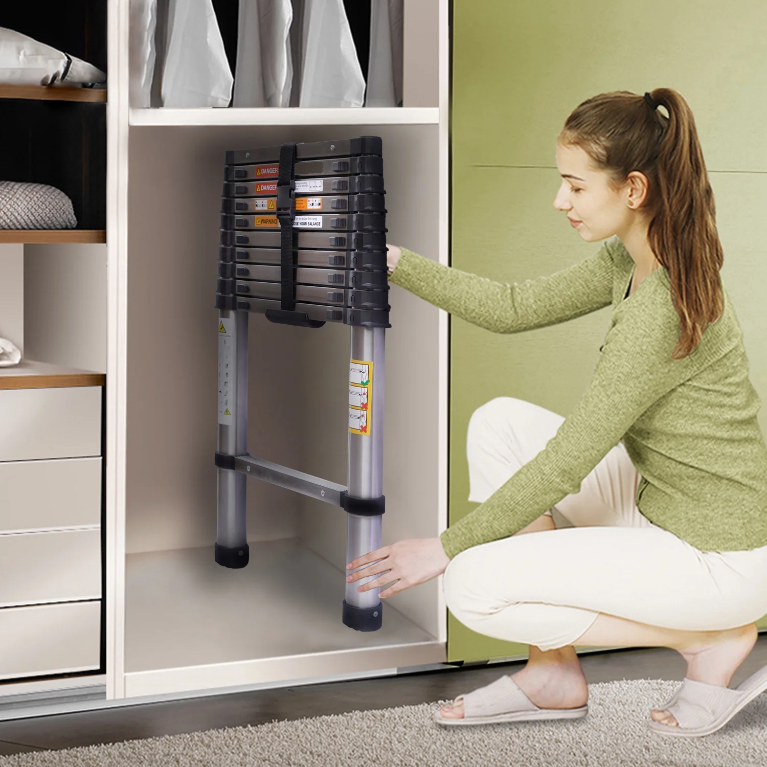 10.5ft Telescoping Ladder Stainless Steel Construction Portable Folding Extension Ladder for Home Office RV Attic Building Maintenance, 330lbs Load Capacity, EN131 Standard, with Slip-Proof Feet