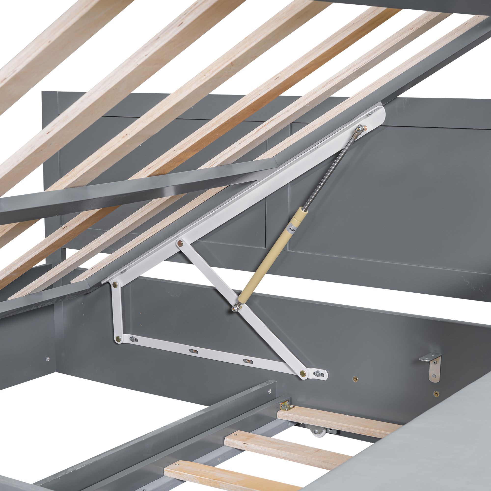 Full Size Solid Storage Hydraulic Wood Bed Frame with Twin Size Trundle, Side Table and Lounge, Platform Bed Frame, Mid Century Bedframe, Wood Foundation(Gray, Full)