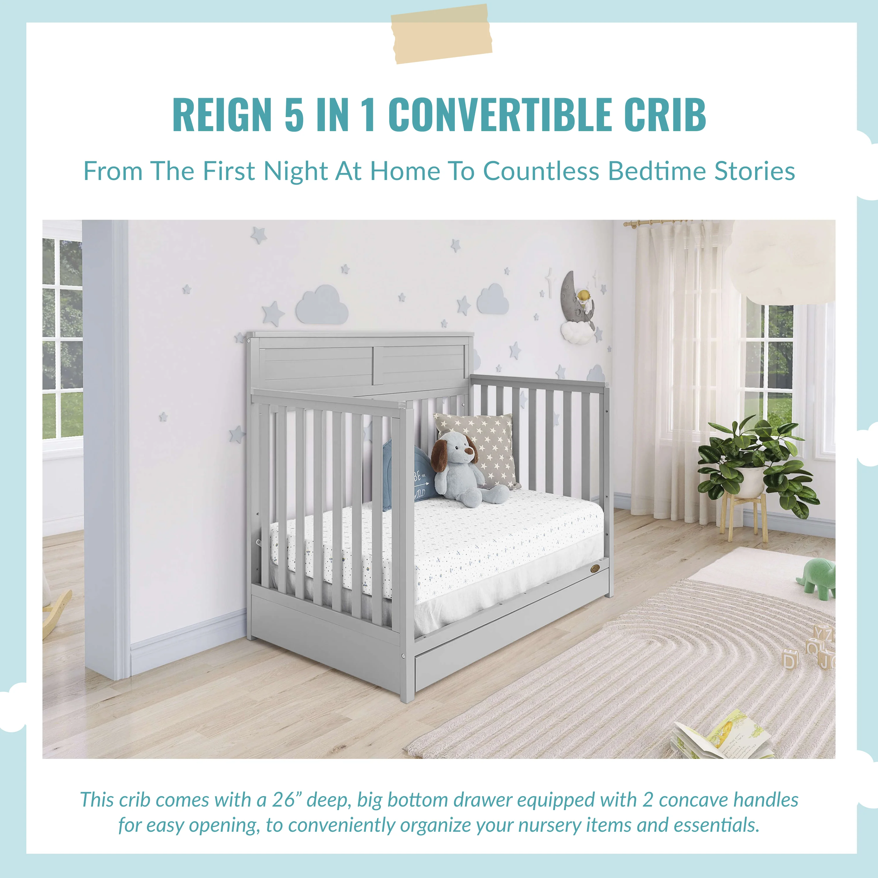 Dream On Me Reign 5 in 1 Convertible Crib with Under Drawer in Pebble Gray