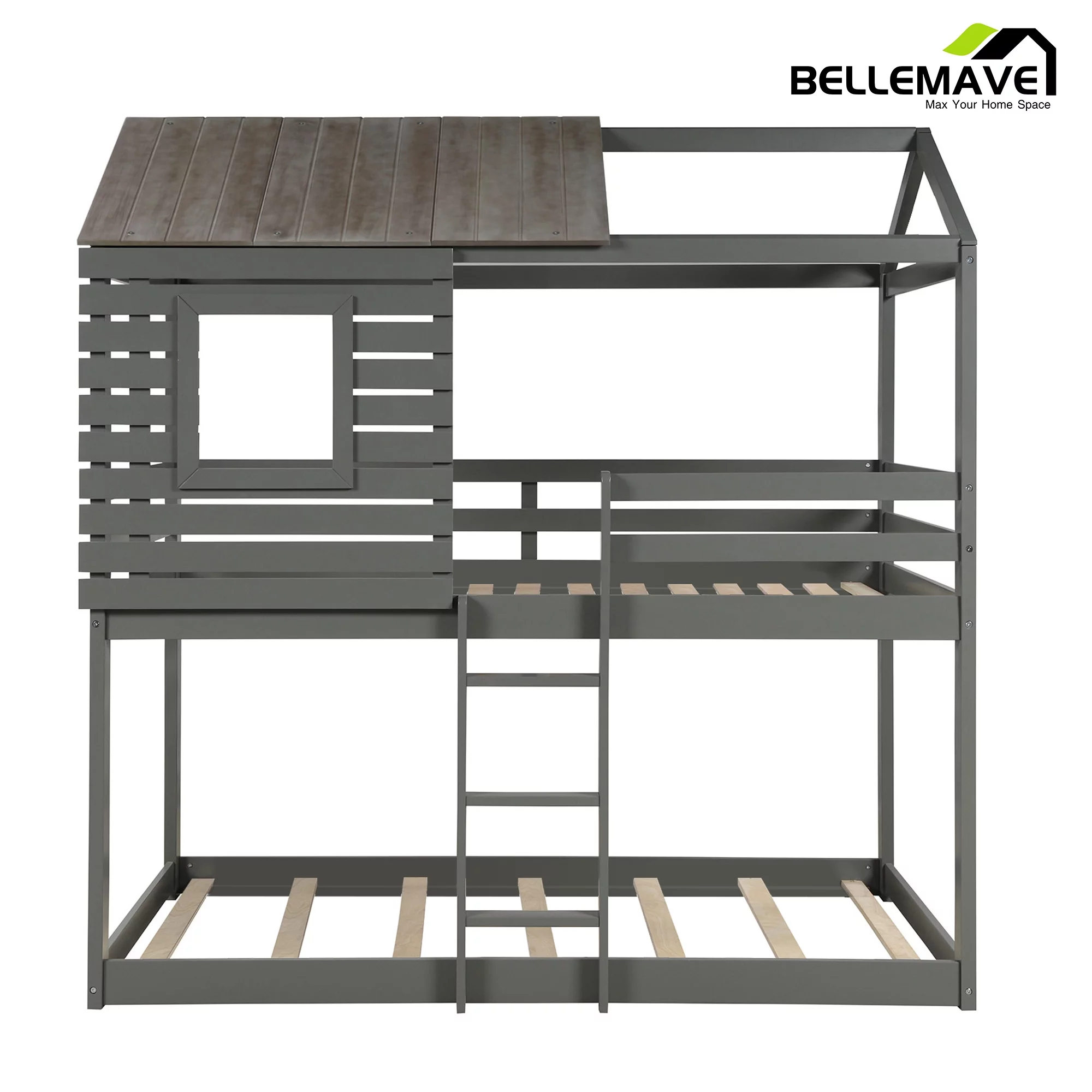 Bellemave Twin over Twin Bunk Bed for Kids, Twin House Bunk Bed with Roof, Window, Guardrail and Ladder, Low House Bunk Bed/Wood Playhouse Bunk Bed for Kids, Girls, Boys(Gray)