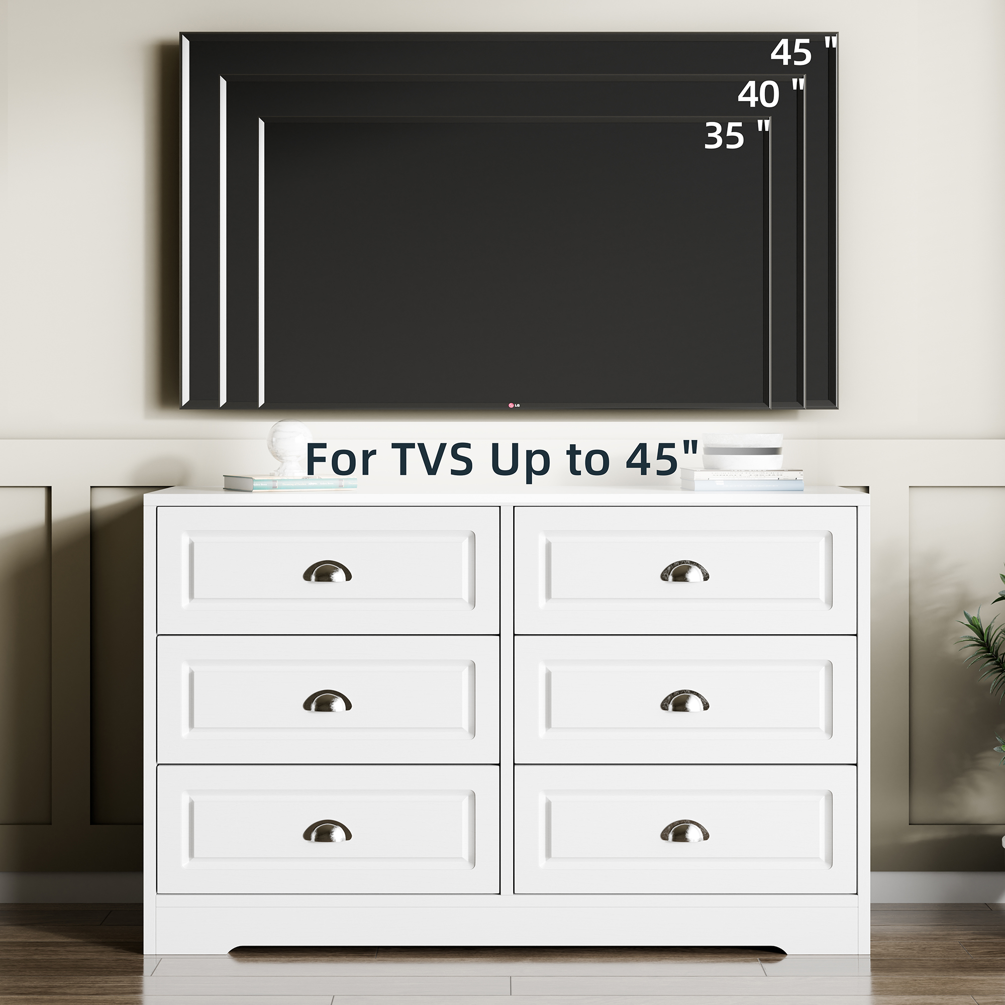 Walsunny 6 Drawer Double Dresser White Wooden Wide Chest of Drawers with Metal Handles Storage Organizer Dresser Nursery Dresser for Living Room Hallway