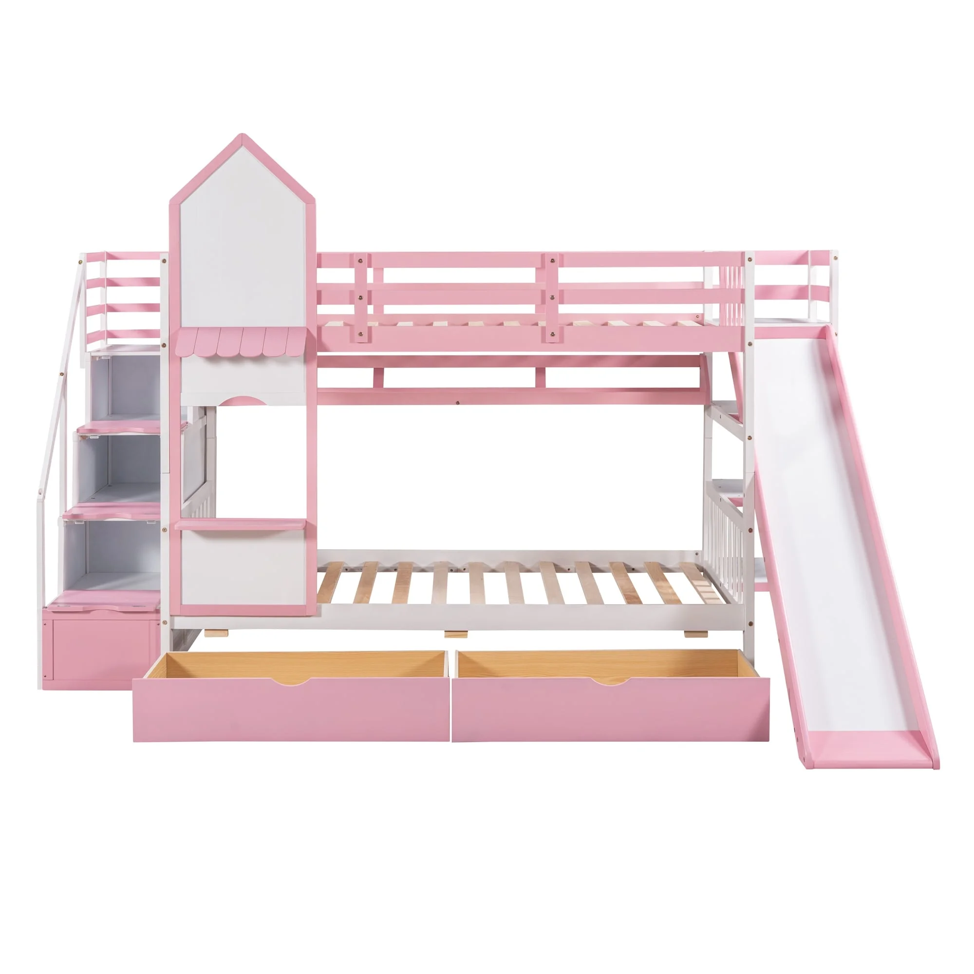 Twin Castle Style Bunk Bed with 2 Drawers, 3 Shelves and Slide, Pink