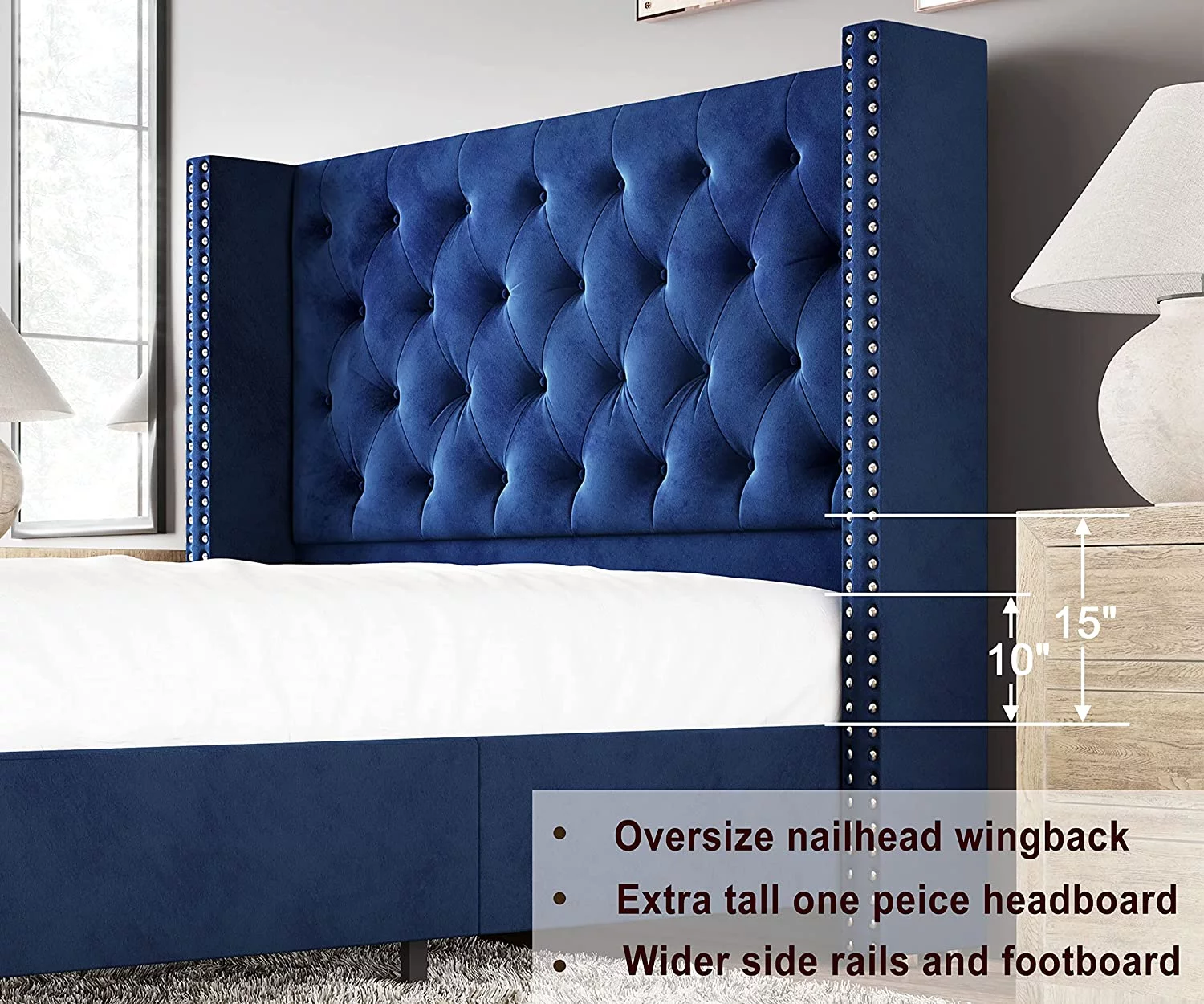 Bed Frame King Size Velvet Tufted Upholstered Bed Low Profile Platform Bed Raised Wingback Headboard/Wood Slats Support/No Box Spring Needed/Easy Assembly/Cream