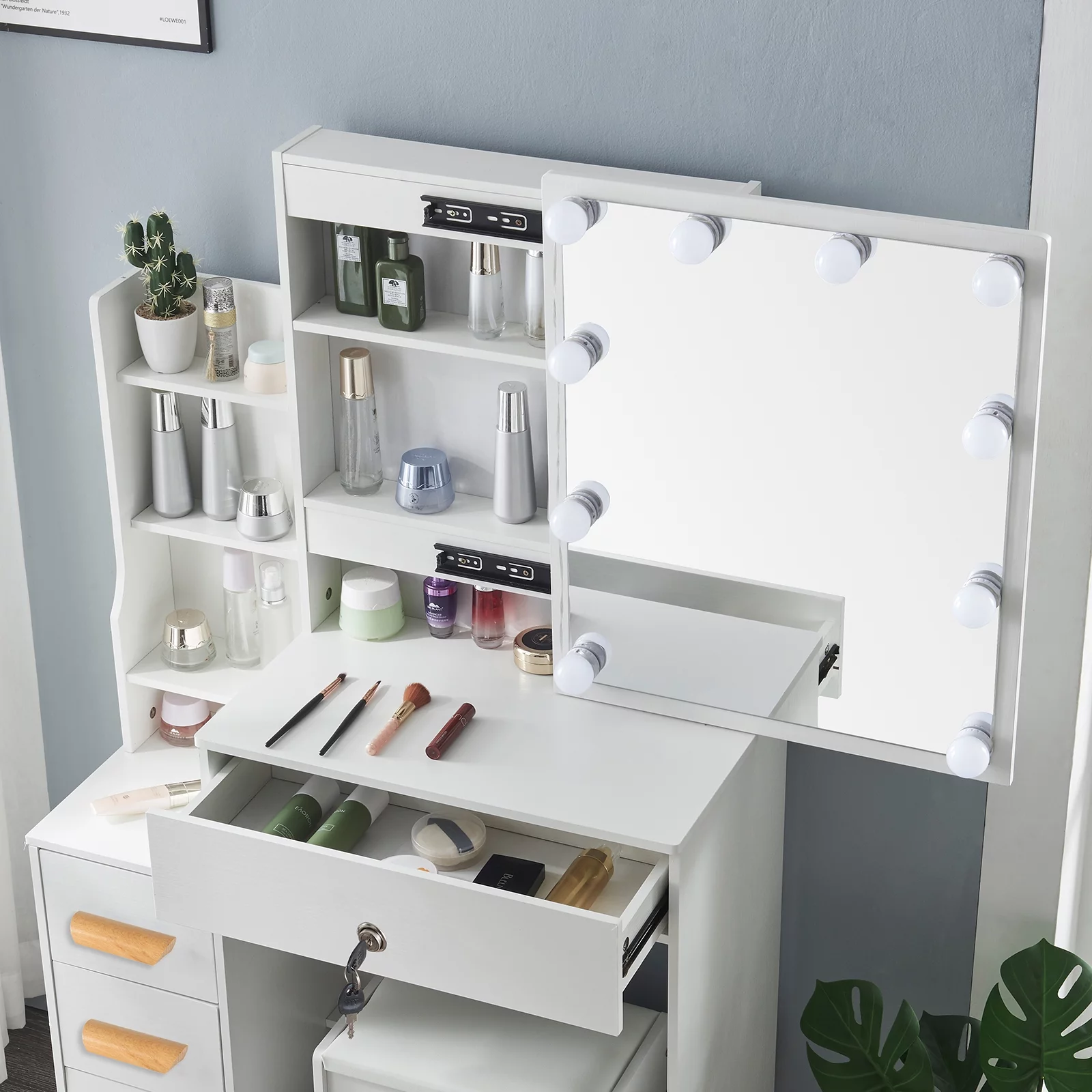 Yamissi Vanity Desk with Lighted Mirror, Makeup Dressing Table with Shelves & Drawers, Vanity Set with Mirror for Bedroom, White