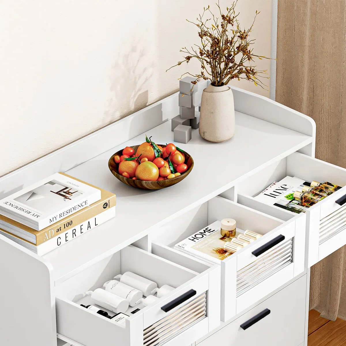 Homfa 7 Drawer White Dresser for Bedroom, Chest of Drawers with Glass Panel Wood Storage Cabinet for Living Room Dining Room