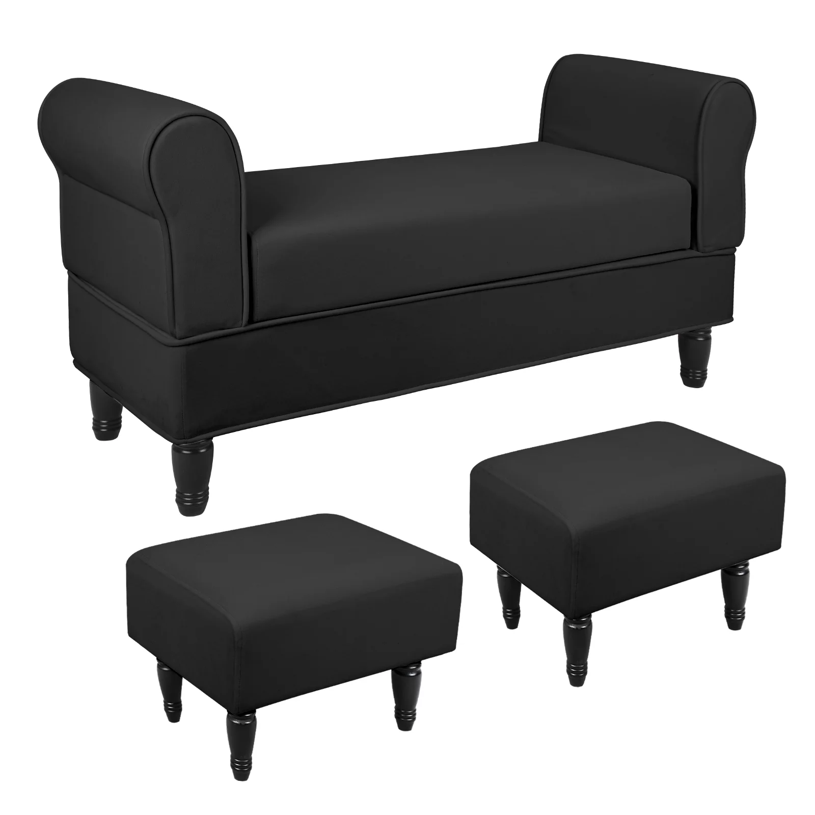 Hofitlead Storage Bench , Velure Rolled Arm Ottoman Storage Sofa , with 2 Ottoman Footstool,Black
