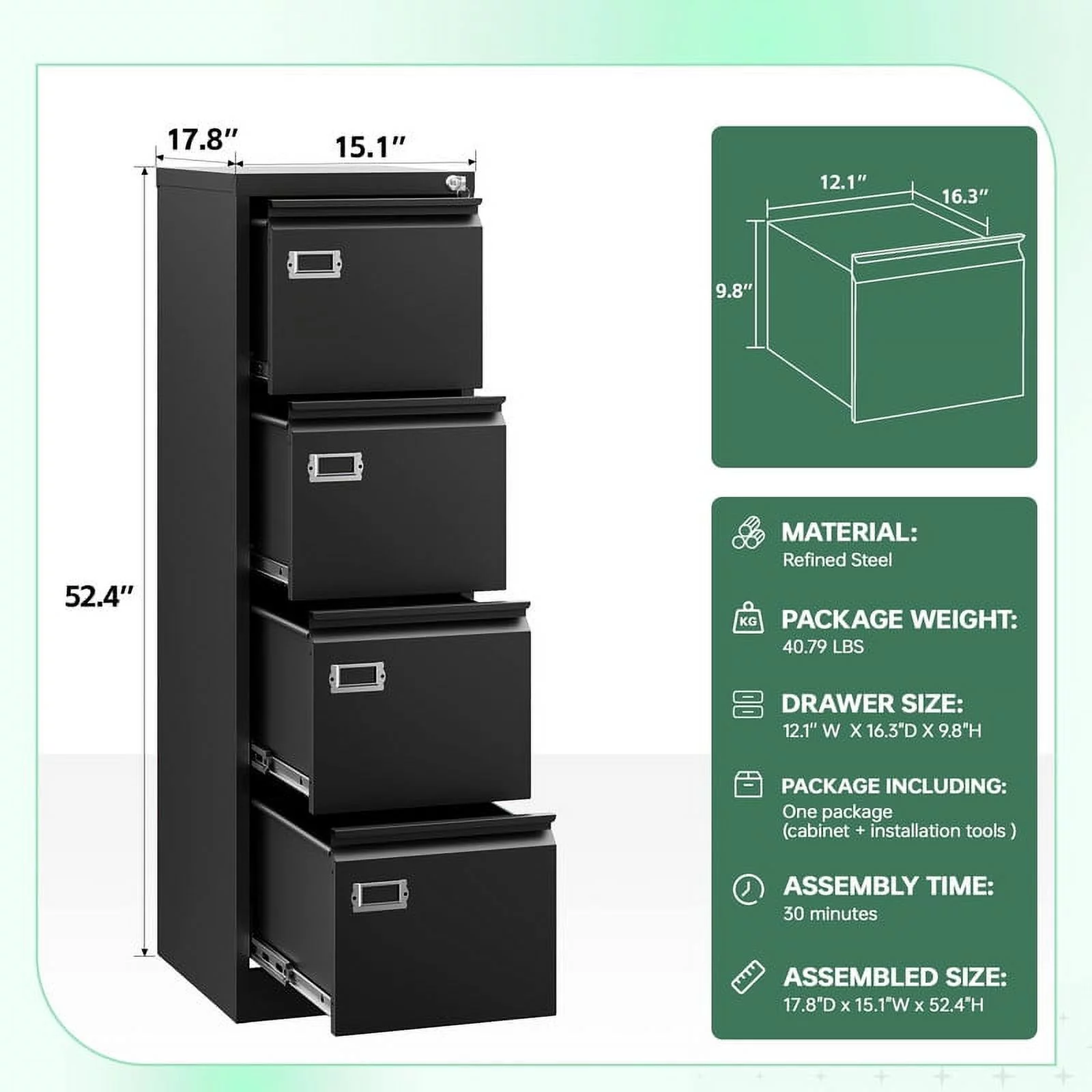 MIIIKO 4 Drawer File Cabinet,Metal Vertical Filing Cabinets with Lock,Storage A4/F4/Letter/Legal for Home Office-Assembly Required (4 Drawer-Black)