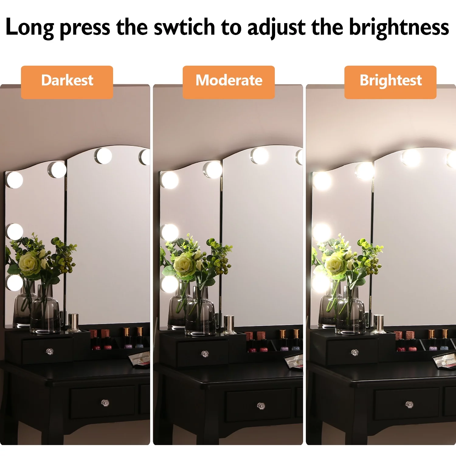 BEWISHOME Vanity Set with Lighted Mirror, Makeup Vanity with Tri-Folding Mirror 10 LED Bulbs, Black Vanity Desk Vanity Table with 5 Drawers 2 DIY Dividers, Cushioned Stool, Movable Organizer FST09H