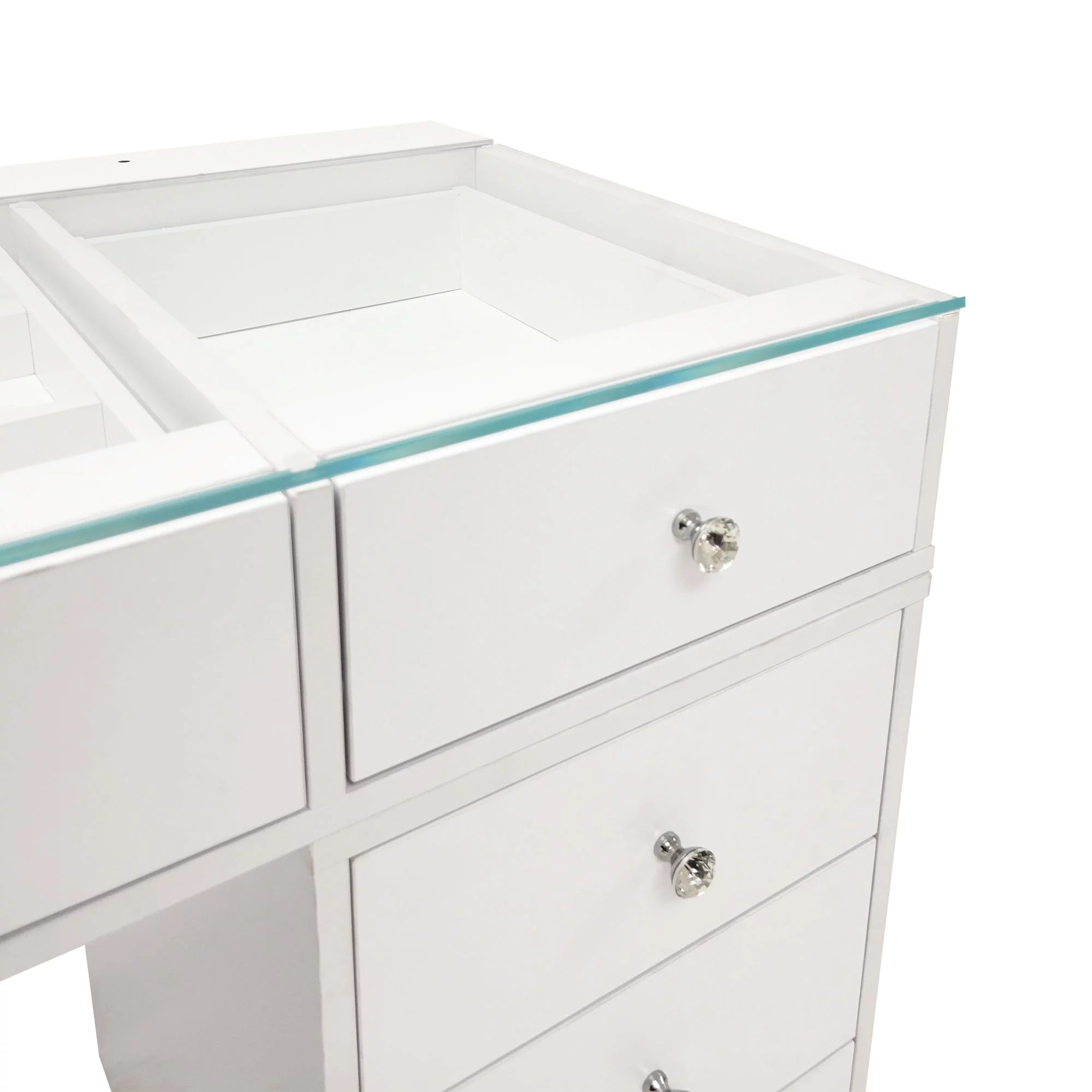 Impressions Vanity Slaystation Naomi Vanity Desk with Glass Tabletop with 10 Storage Drawers (White)