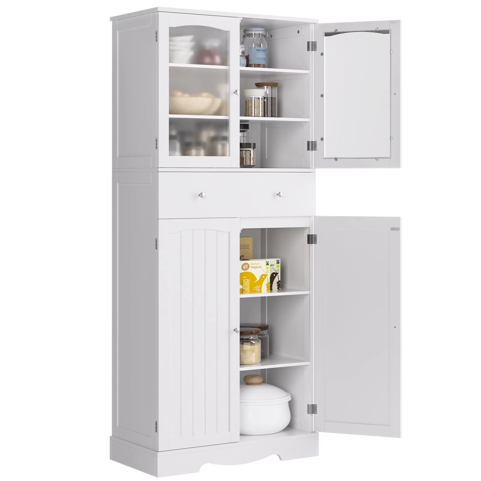 Homfa 70.8'' Kitchen Pantry with 4 Doors, Freestanding Storage Cabinet with Large Drawer for Dining Room, White