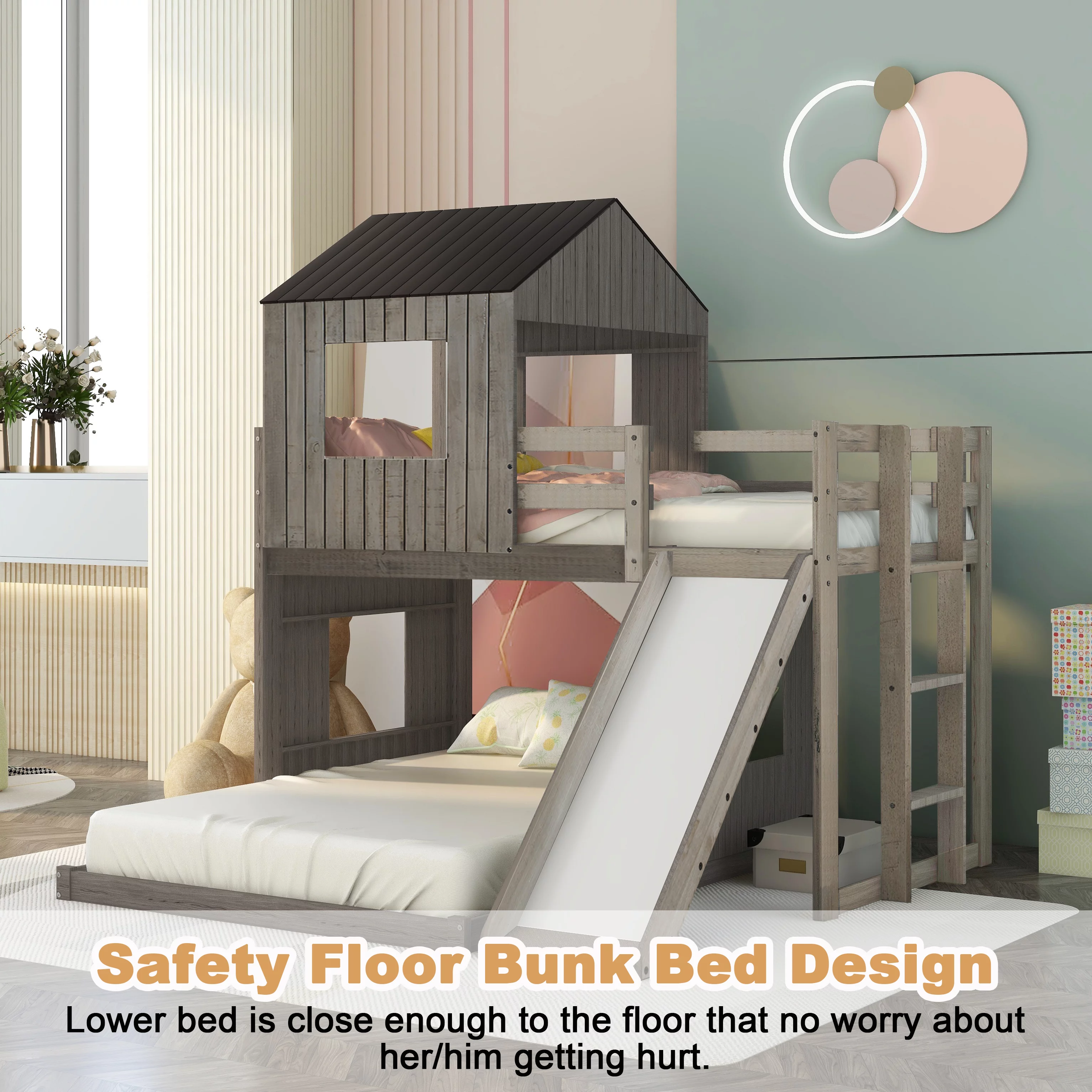 Bellemave Twin Over Full House Bunk Bed with Slide, Wood L-Shaped Fort Loft Bunk Beds Frame with Ladder, Floor Playhouse Bed for Kids, No Need Spring Box (Antique Gray)