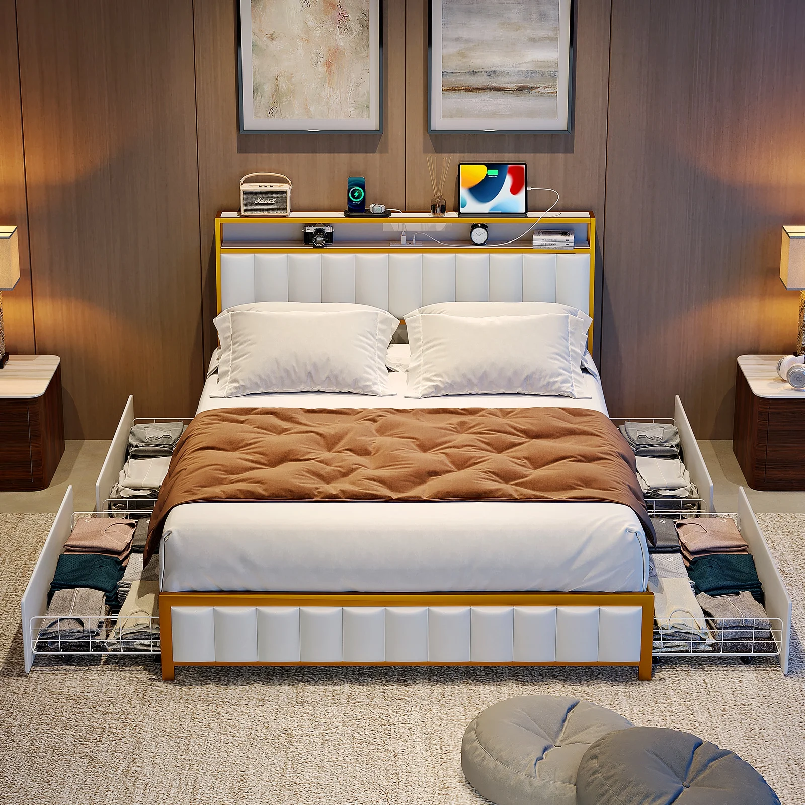 VIPLIVE King Bed Frame with Double Layer Faux Leather Upholstered Headboard and 4 Storage Drawers