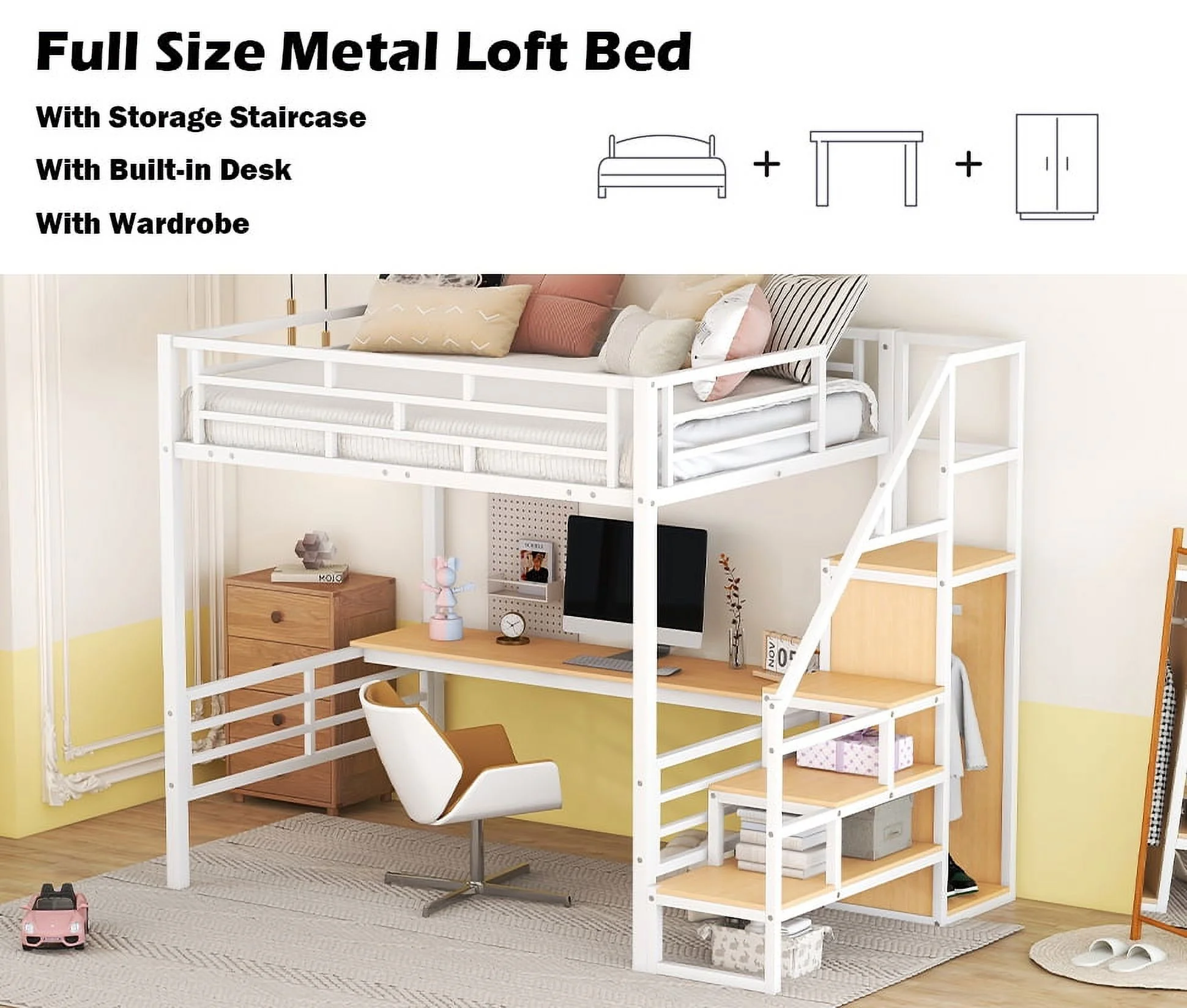 Bellemave Full Size Metal Loft Bed with Convertible Storage Staircase and Small Wardrobe, Heavy Duty Loft Bed Frame with Built-in Long Desk and Safety Guardrail for Kids,Teens, White