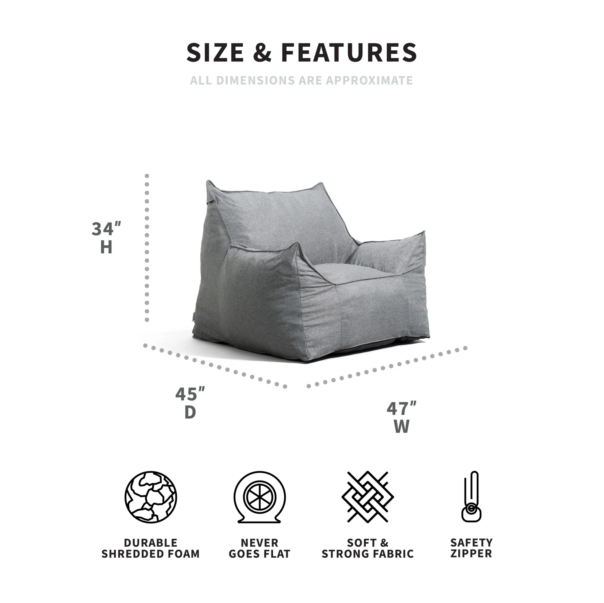 Big Joe Imperial Lounger Foam Filled Bean Bag Armchair with Removable Cover, Gray Union, Durable Woven Polyester, 4 feet Big