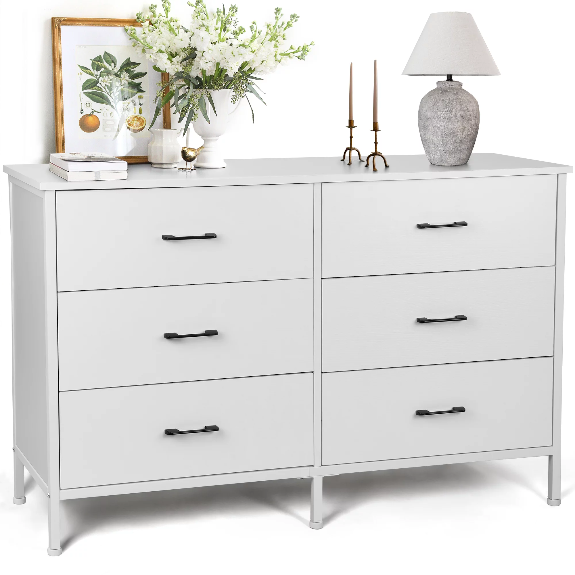 47.3'' Drawer Dresser Chest of 6 Drawers, Storage Dresser Tower for Bedroom, Living Room, Hallway, Nursery, White Storage Cabinet Wooden Dresser with Steel Frame, White