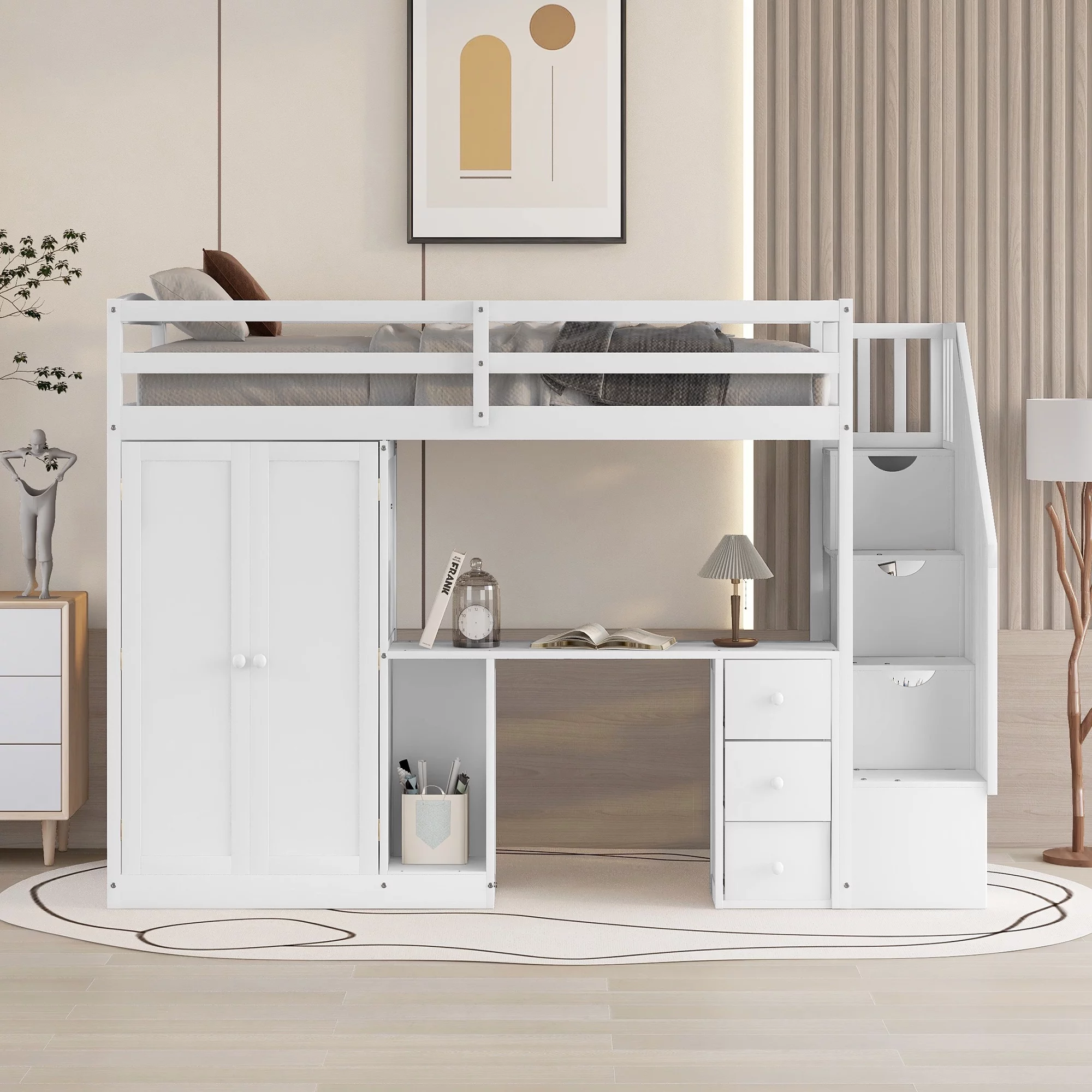 Euroco Twin Size Pine Wood Loft Bed with Desk, Drawers and Wardrobe for Kids Room, Storage Staircase, Sapce-Saving Shelf, White